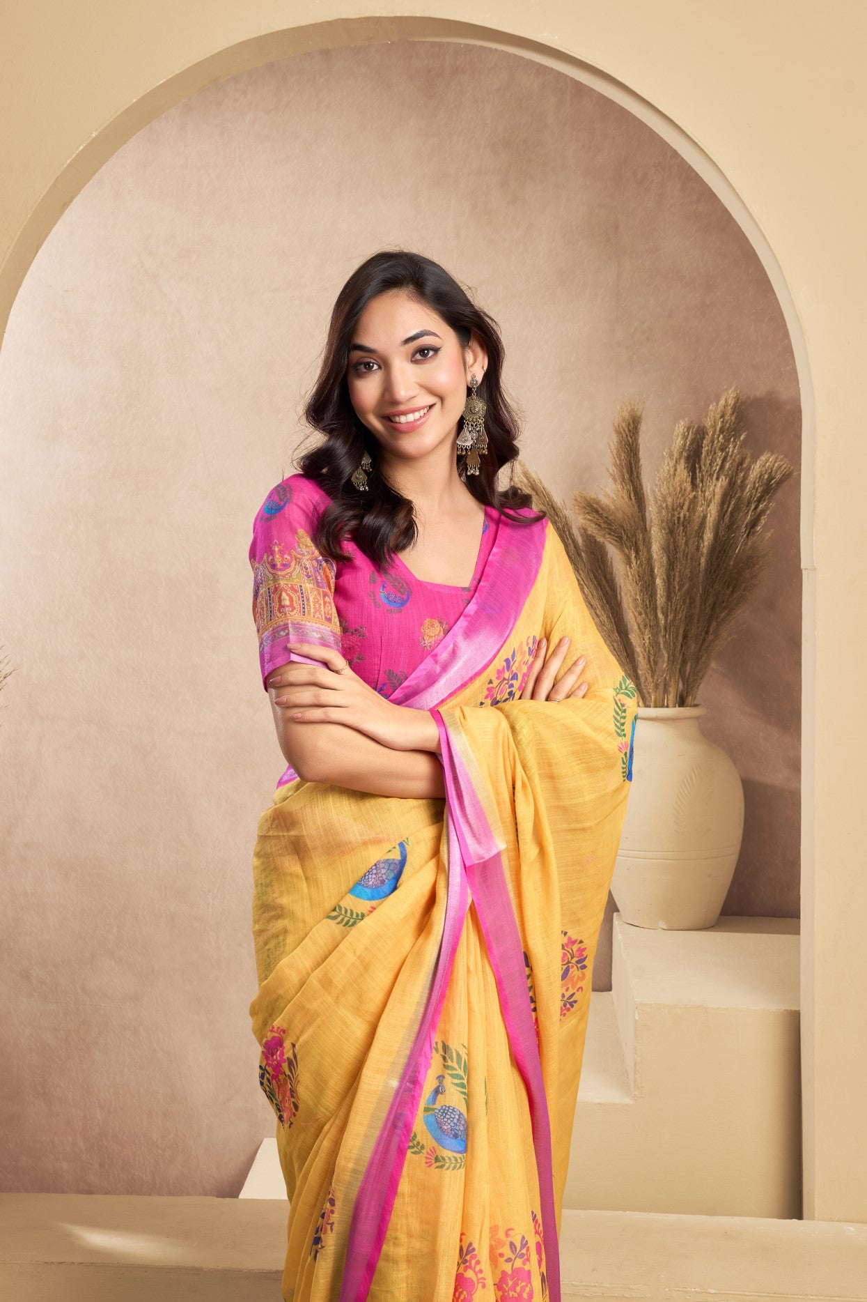 Yellow Linen Ready To Wear Saree With Zari Border Printed