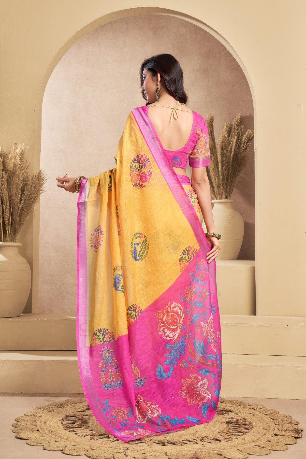 Yellow Linen Ready To Wear Saree With Zari Border Printed