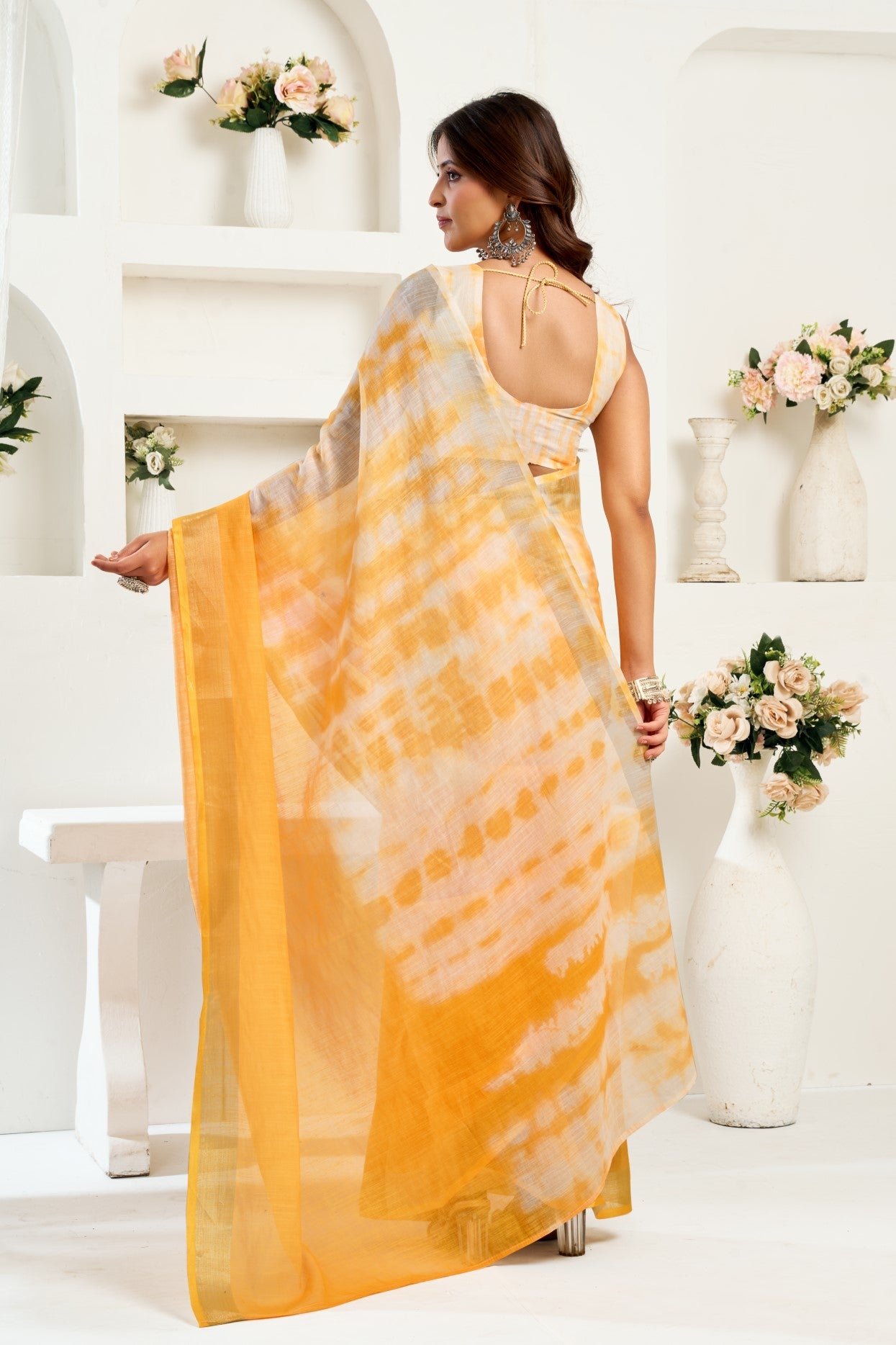 Yellow Linen Ready To Wear Saree With Zari Border Printed