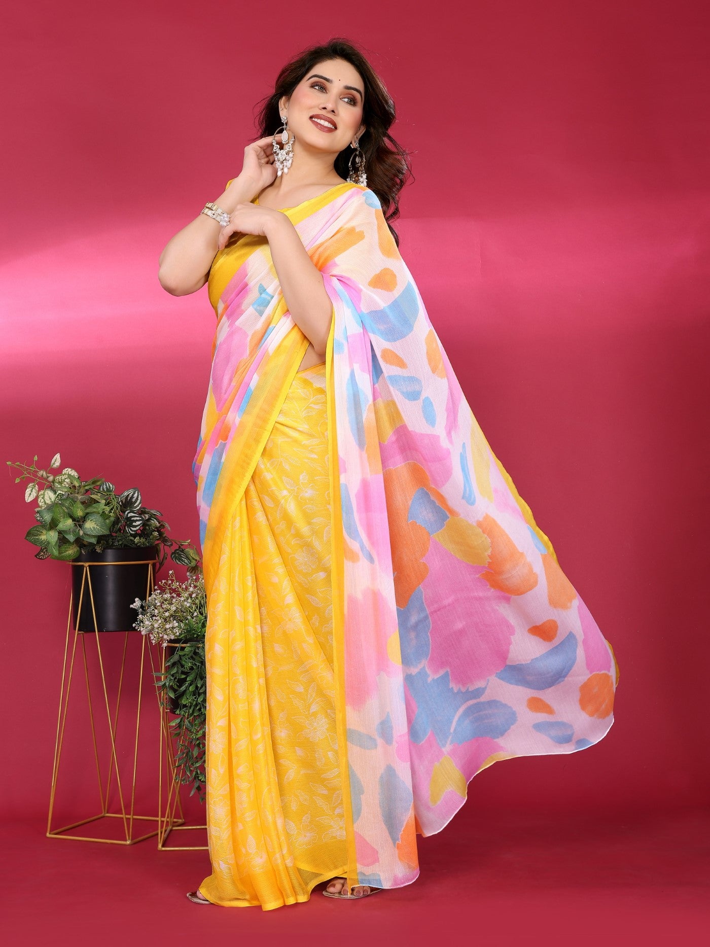 Yellow Moss Chiffon Saree With Elegant Printed Design