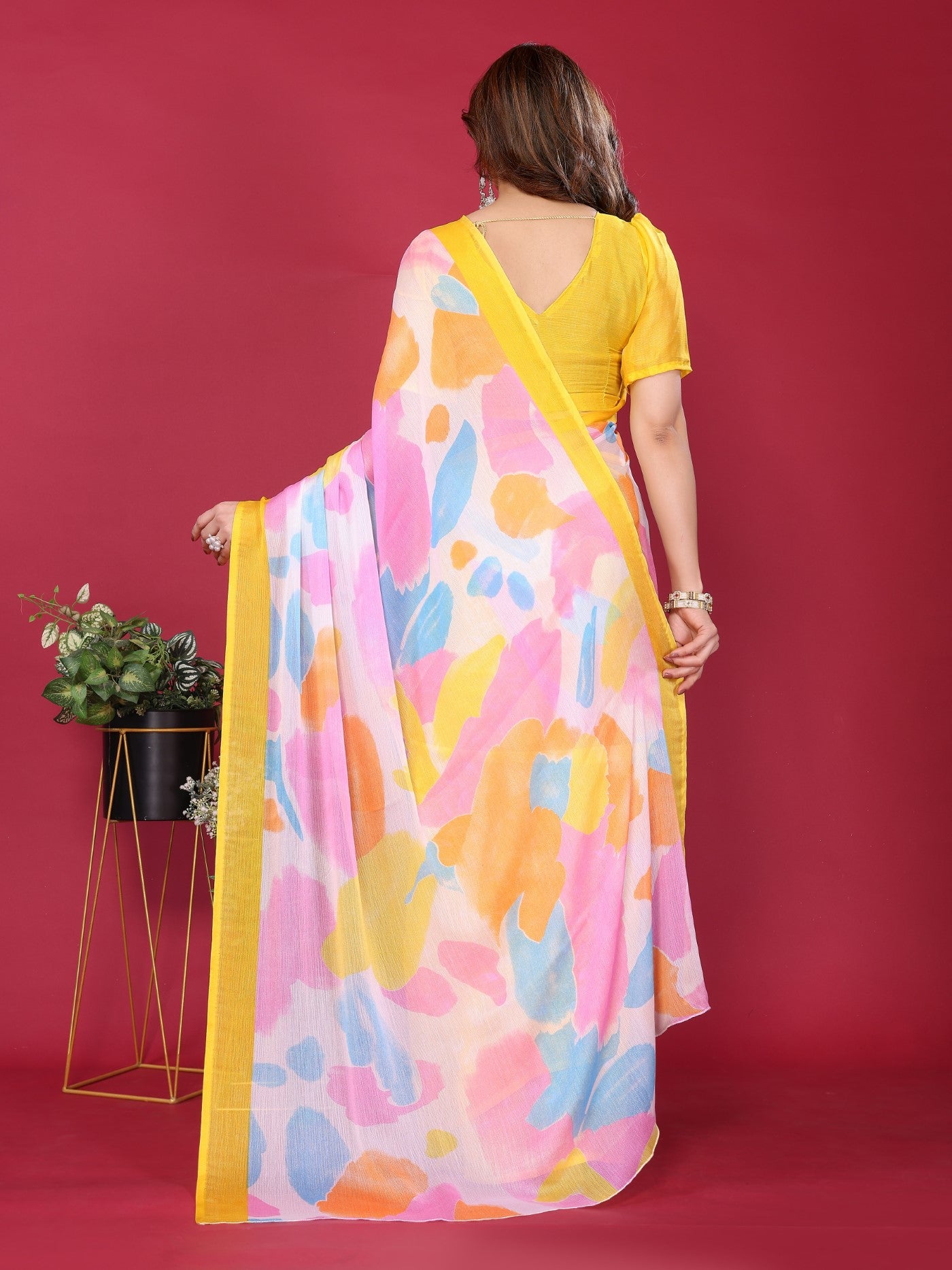 Yellow Moss Chiffon Saree With Elegant Printed Design