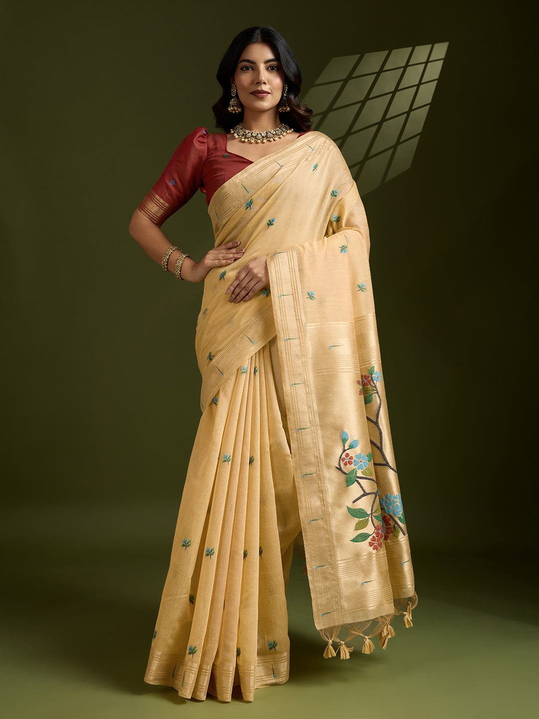Yellow Muga Cotton Saree with Flower Butti and Paithani Pallu