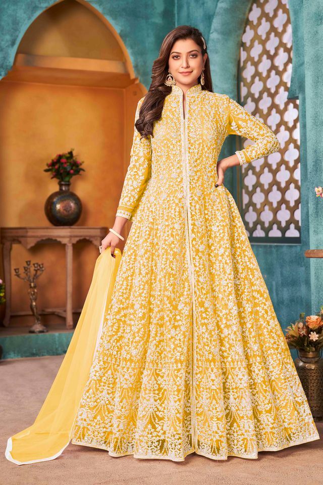 Yellow Net Heavy Thread Embroidery With Sequins Work  Anarkali Suits