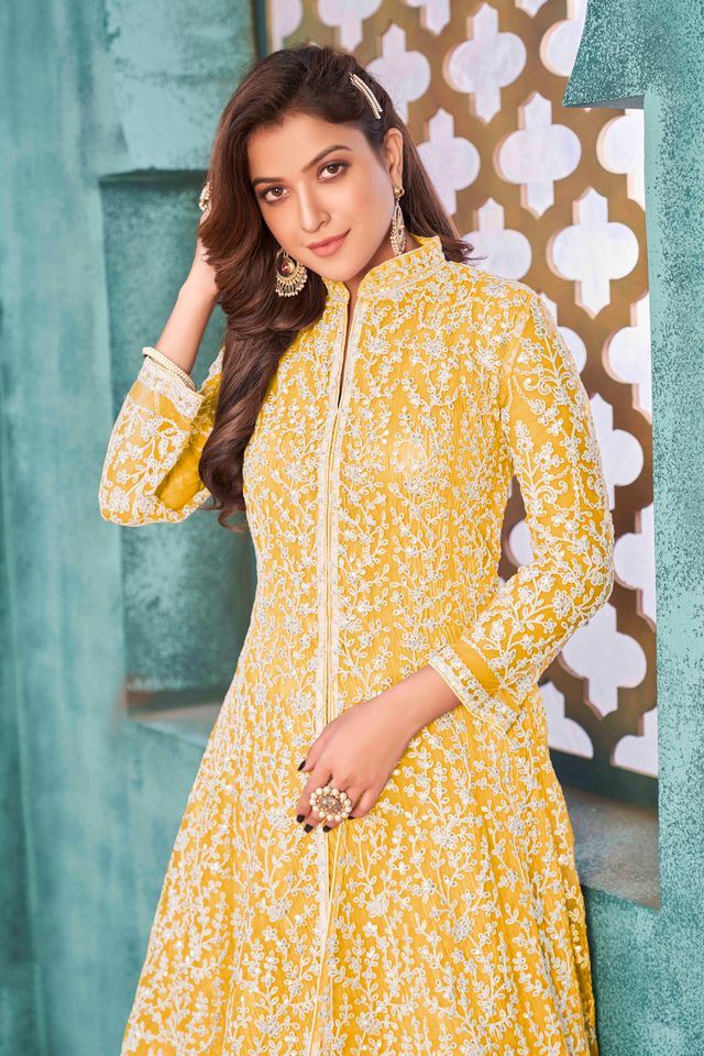 Yellow Net Heavy Thread Embroidery With Sequins Work  Anarkali Suits