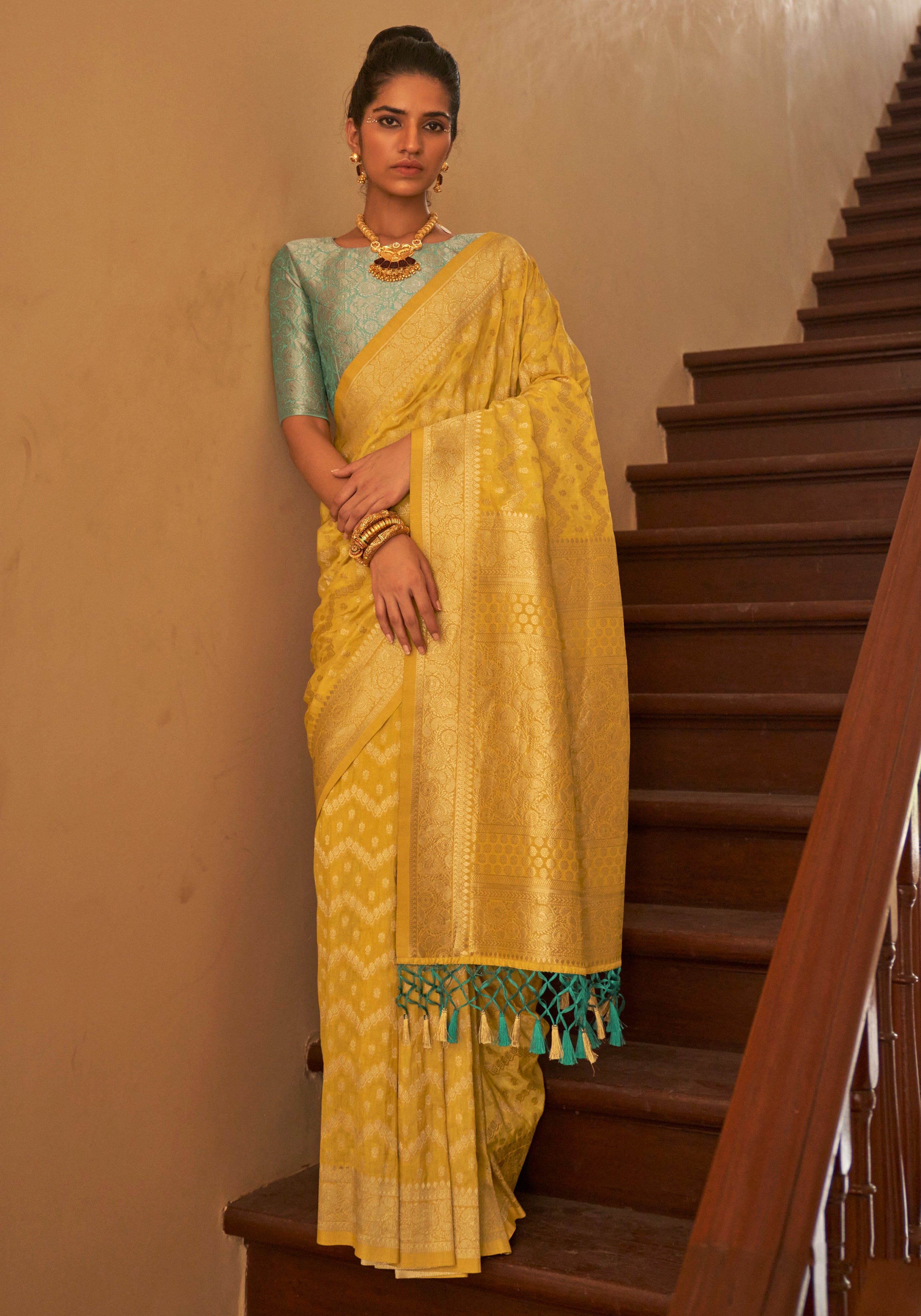 Yellow Nylon Saree With  Jacquard Woven Work