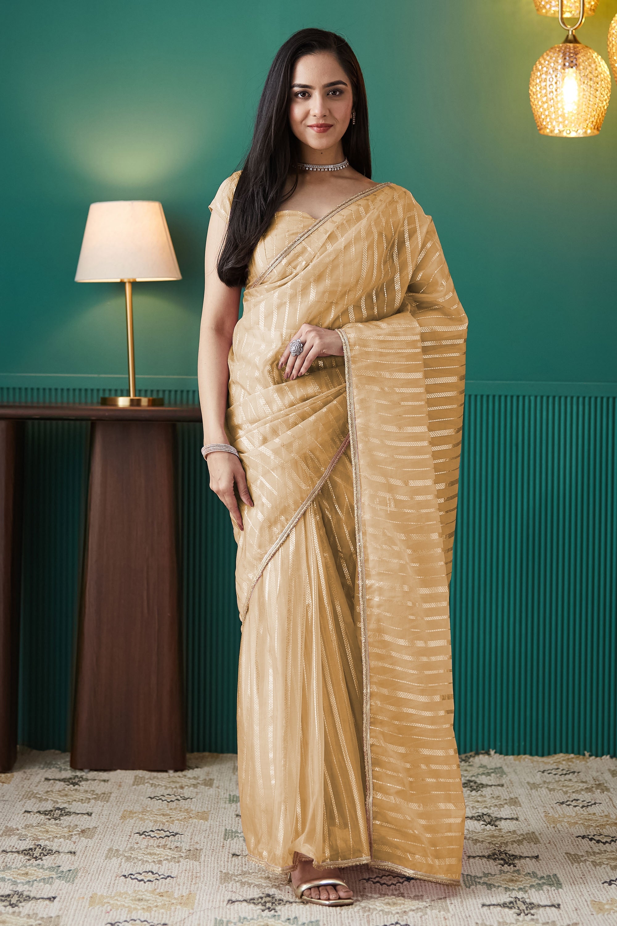 Yellow Organza Designer Foil Printed Partywear Saree