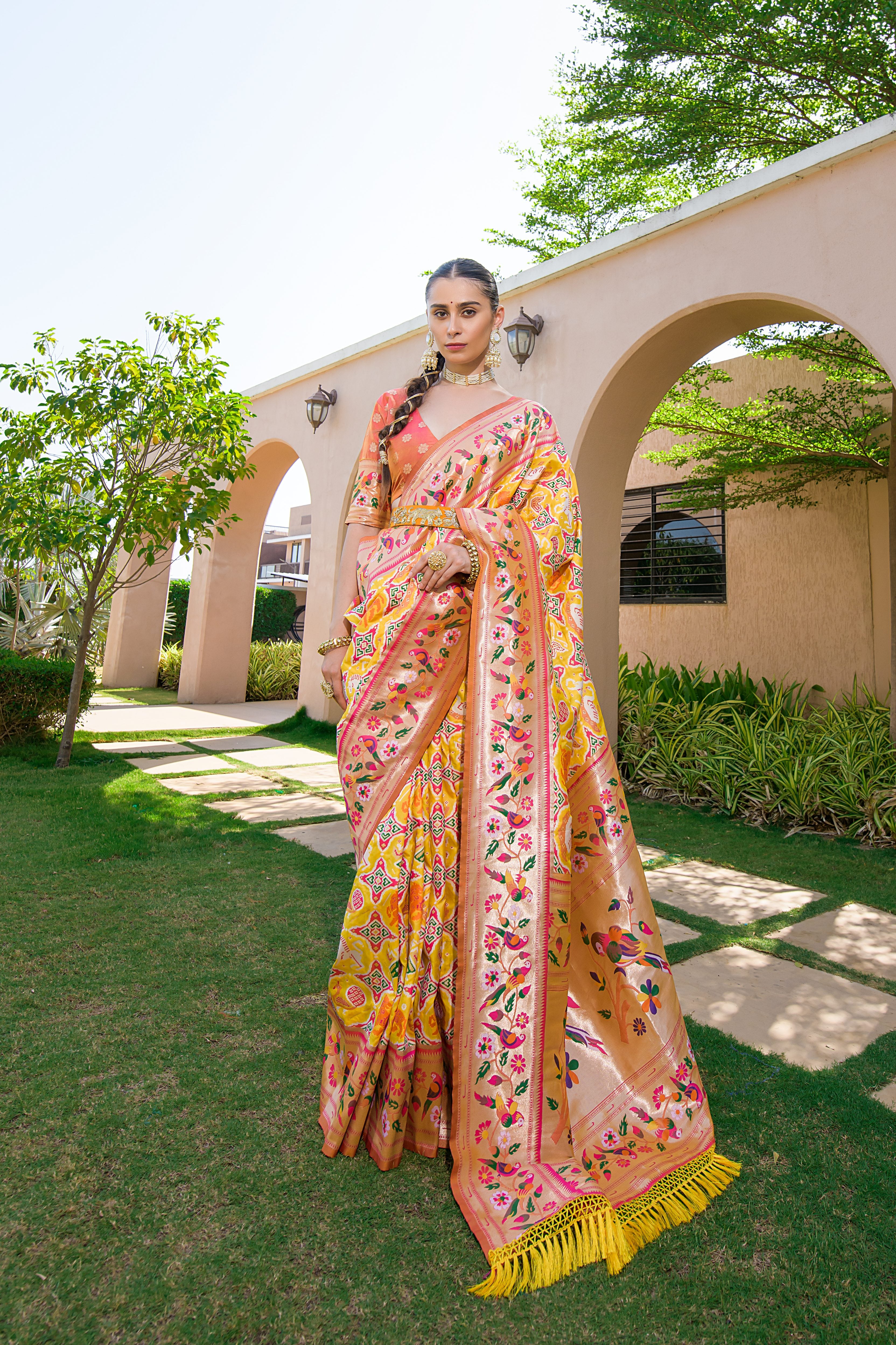 Yellow Paithani Silk Saree with Meenakari Zari and Pallu