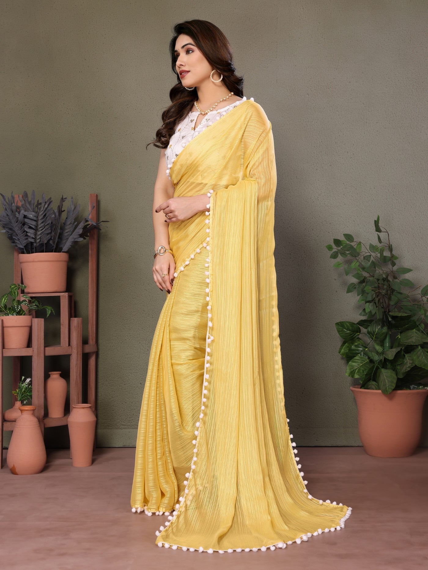 Yellow Polyester Zari Saree with Embroidery Work Blouse & Pom-Pom Lace