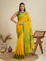 Yellow Raw Silk Saree with Temple Border and Striped Pallu