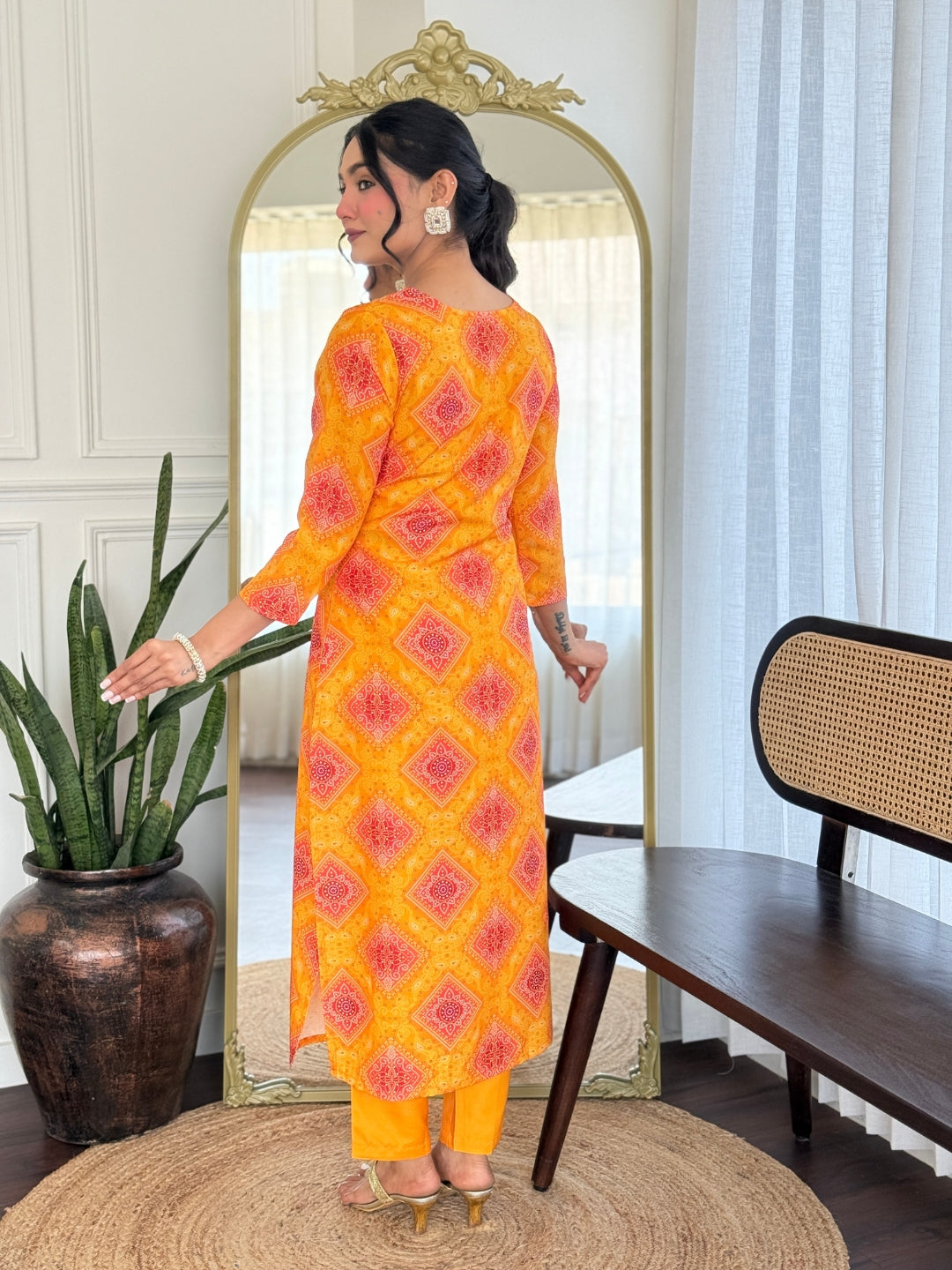 Yellow Rayon Elegant Kurta Pant Set With Print