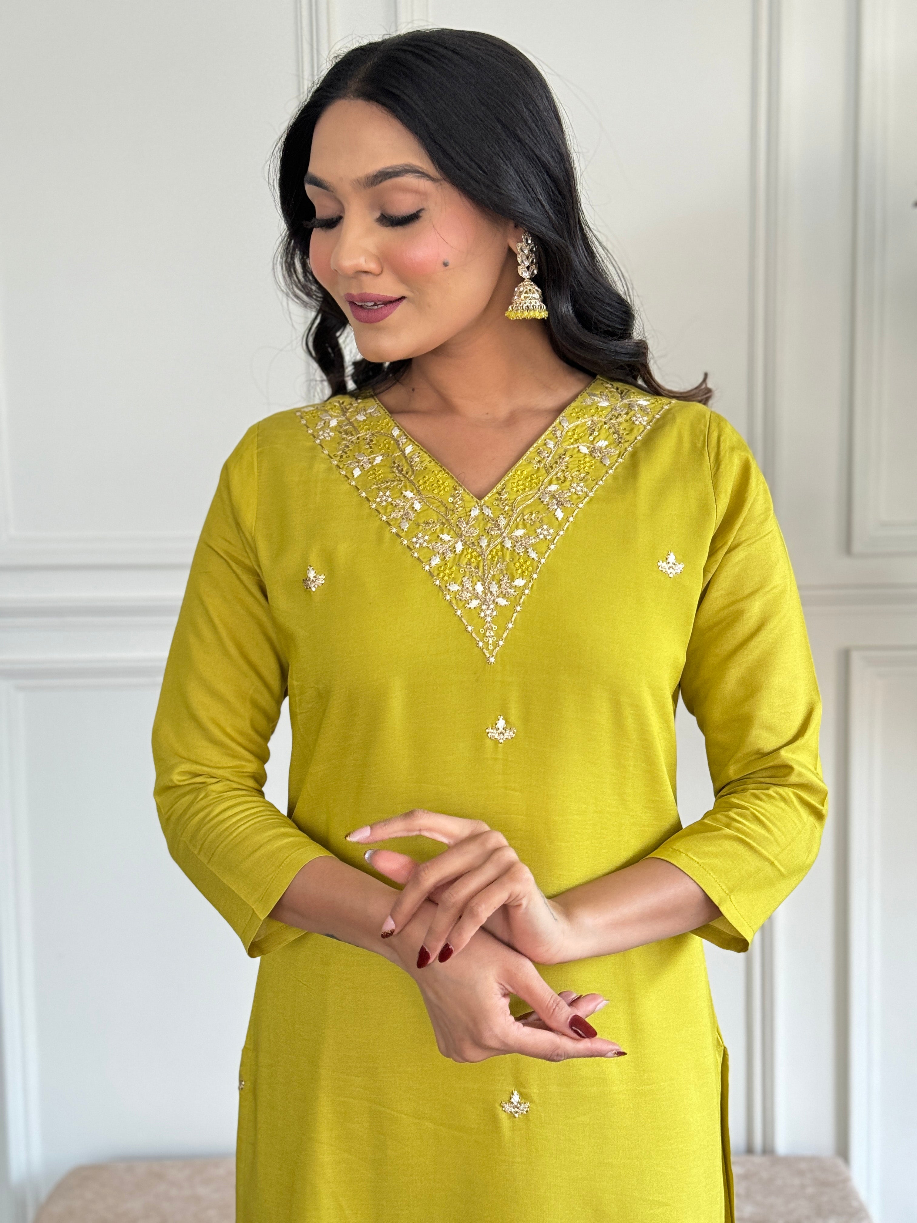 Yellow Rayon Slub Elegant Kurta Pant Set With Embroidery Work