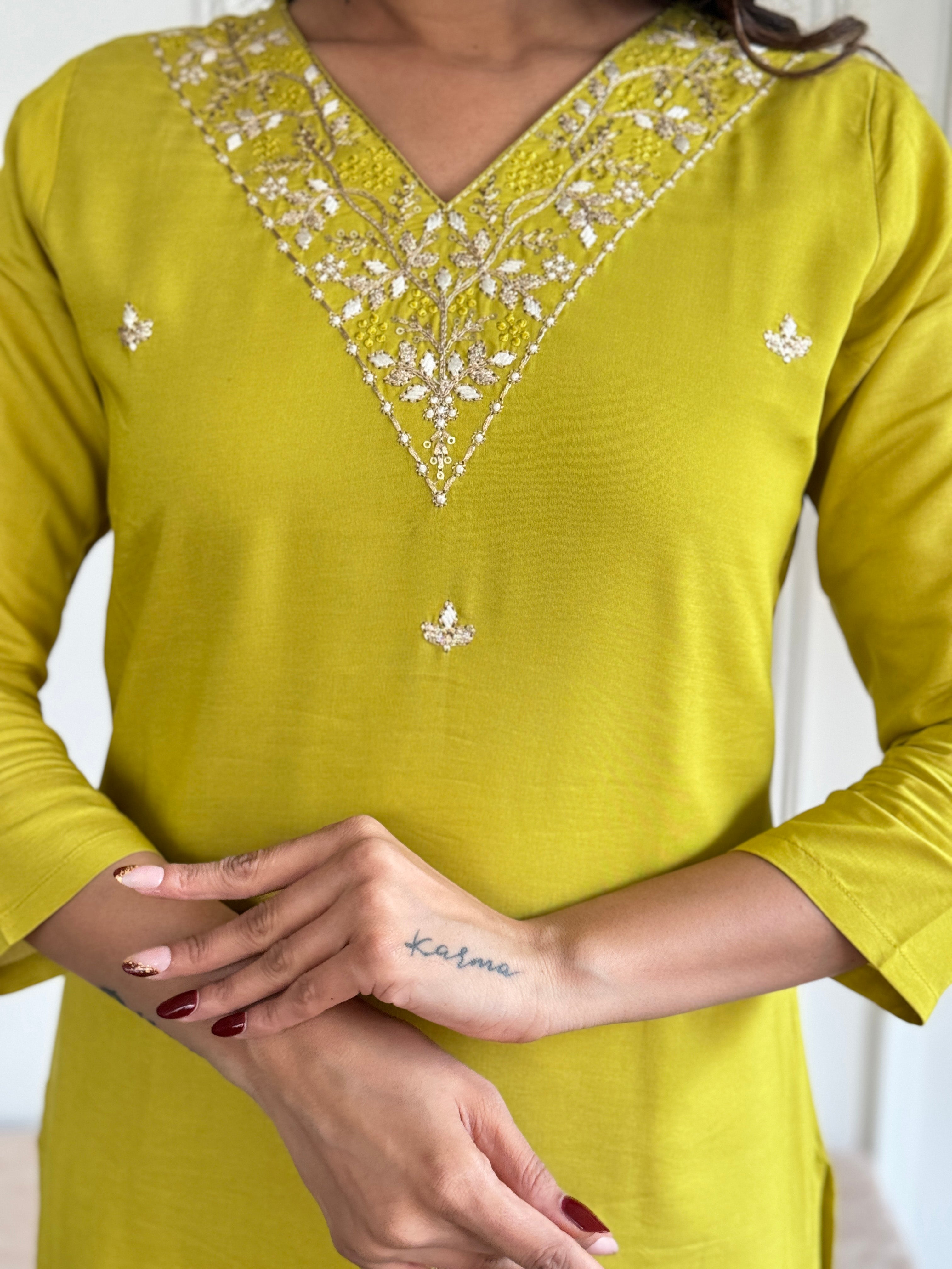 Yellow Rayon Slub Elegant Kurta Pant Set With Embroidery Work
