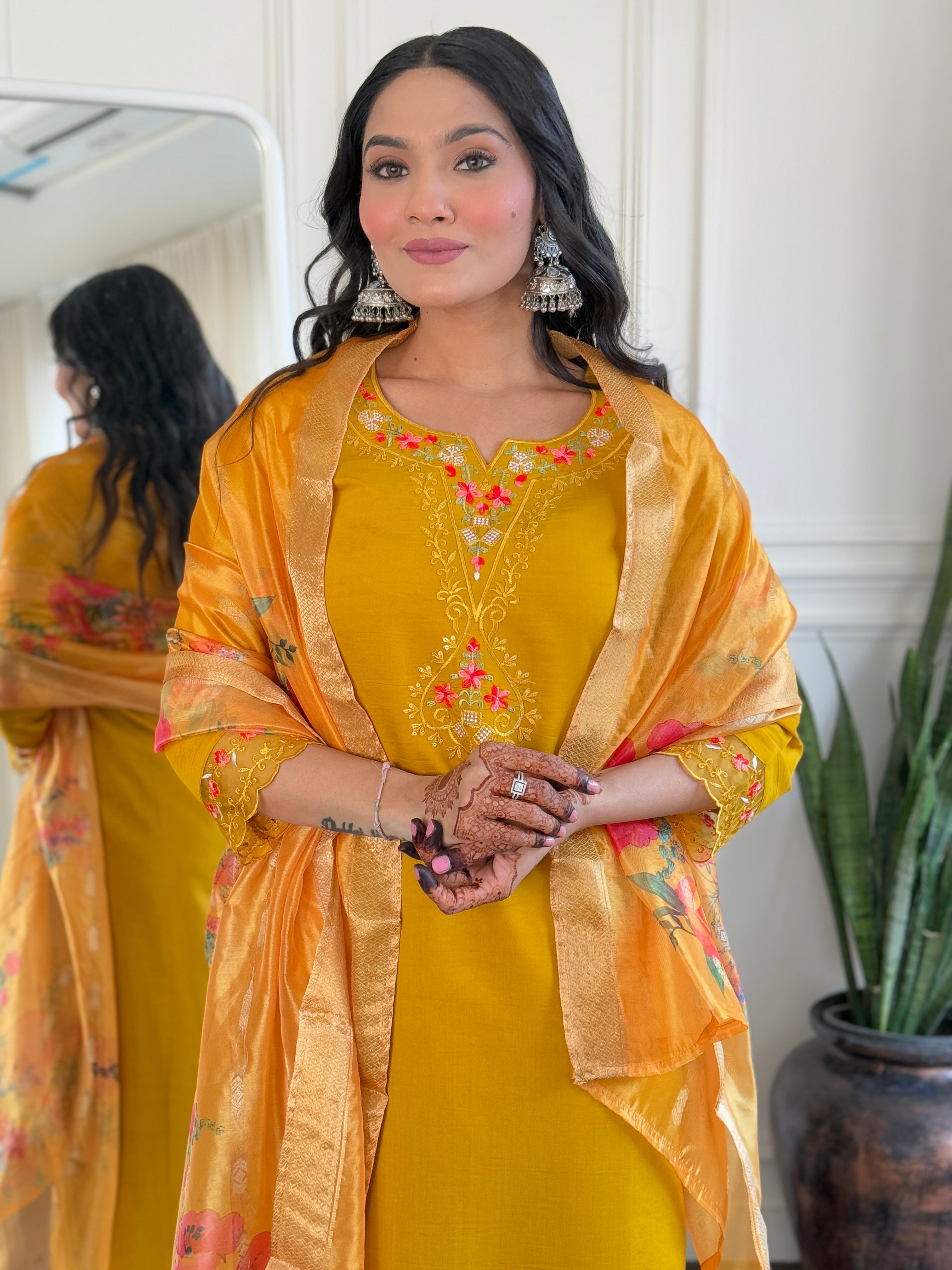 Yellow Roman Silk Elegant Kurta Pant Set With Embroidery Work