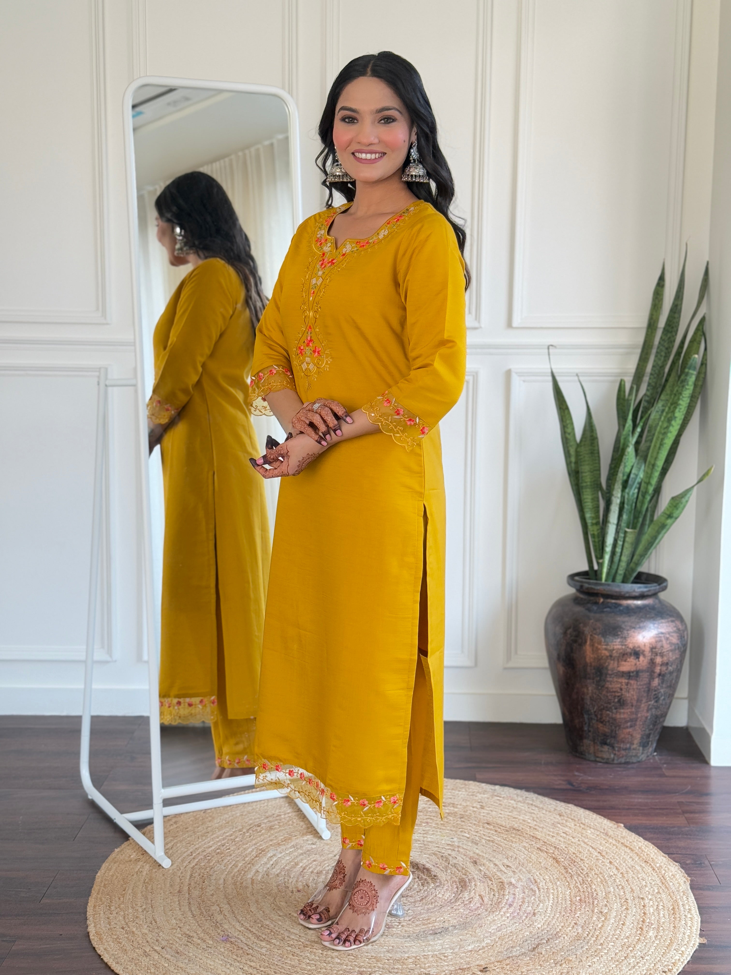 Yellow Roman Silk Elegant Kurta Pant Set With Embroidery Work