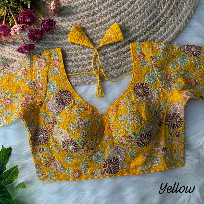 Yellow Sabyasachi-Inspired Heavy Embroidered Faux Georgette Blouse with Sequin Work
