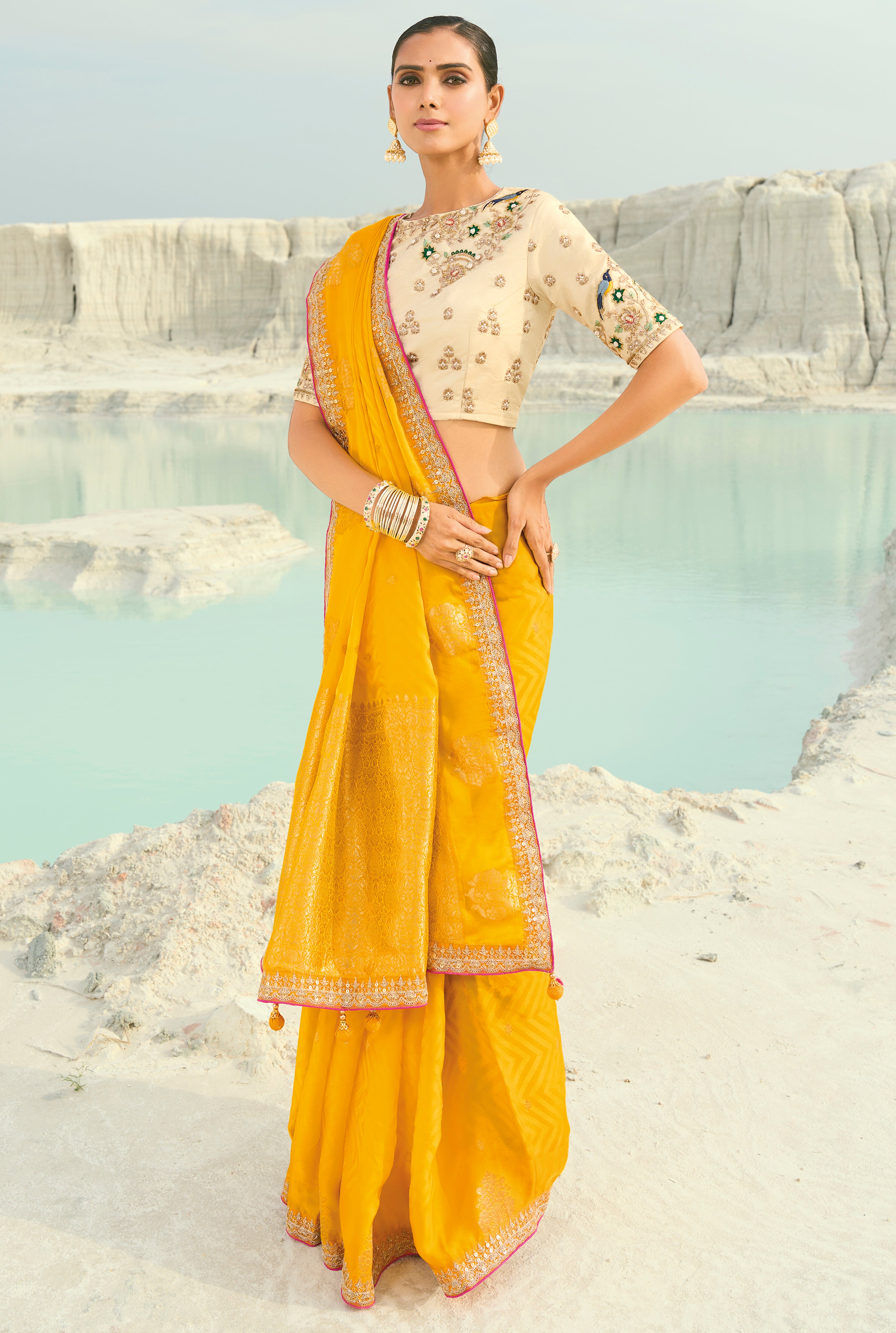 Yellow Saree With  Coding Border With Cut-Dana, Moti Heavy Work Blouse