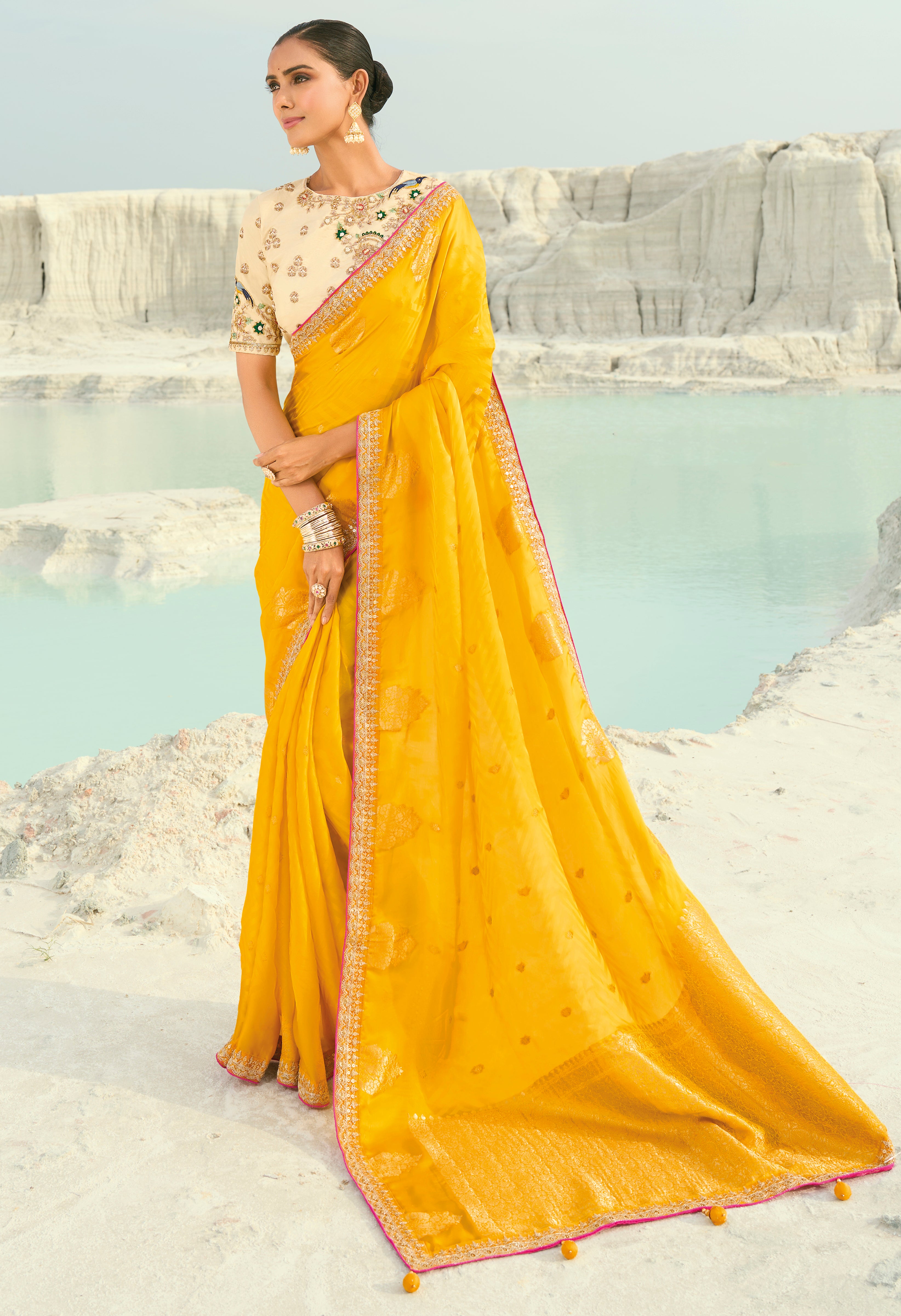 Yellow Saree With  Coding Border With Cut-Dana, Moti Heavy Work Blouse