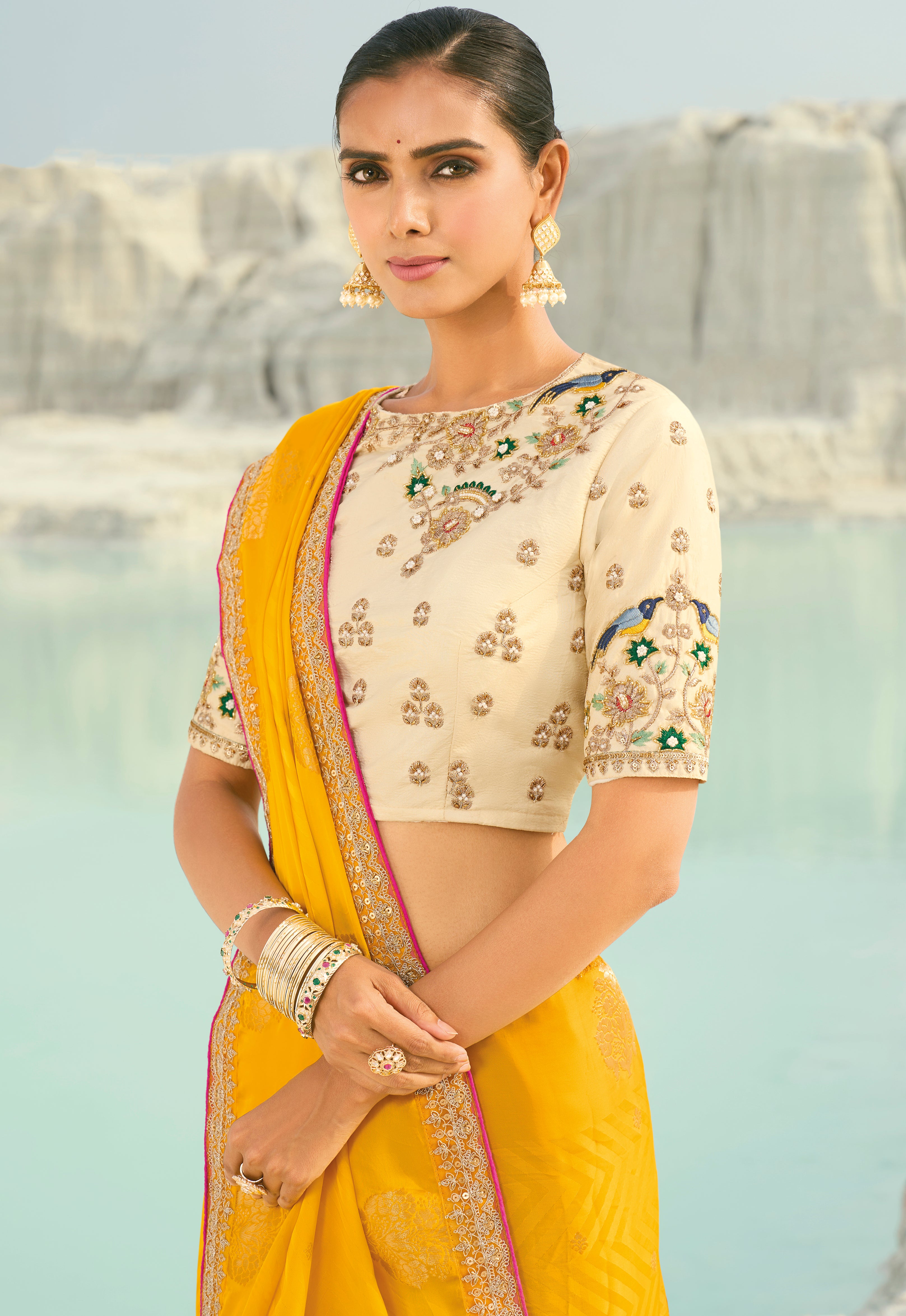 Yellow Saree With  Coding Border With Cut-Dana, Moti Heavy Work Blouse