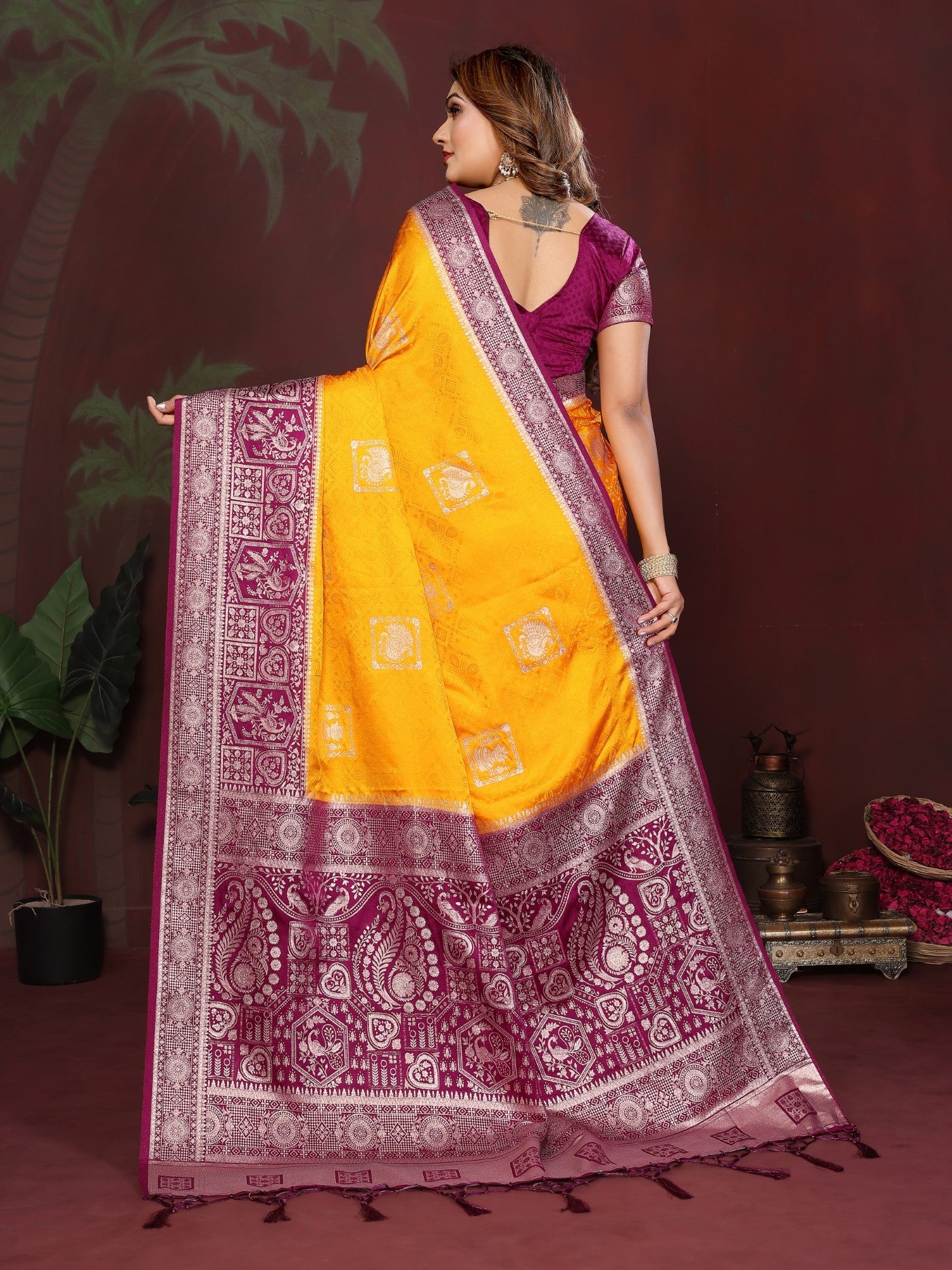 Yellow Satin Silk Saree With Zari Butta Designs