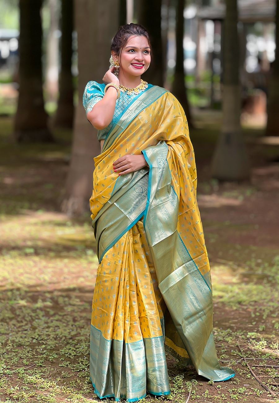Yellow Silk Blend  South Indian Kanchipuram Saree