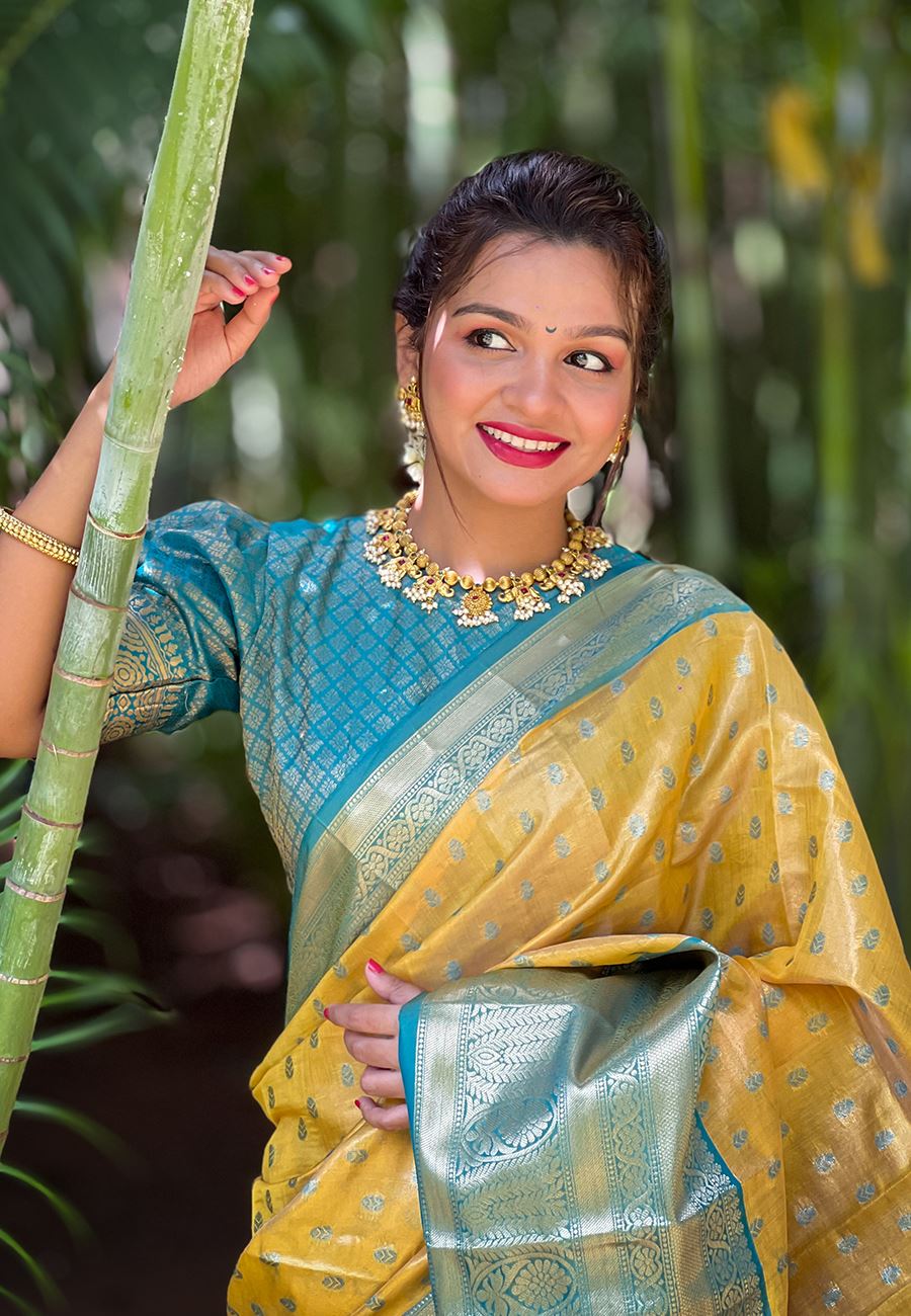 Yellow Silk Blend  South Indian Kanchipuram Saree