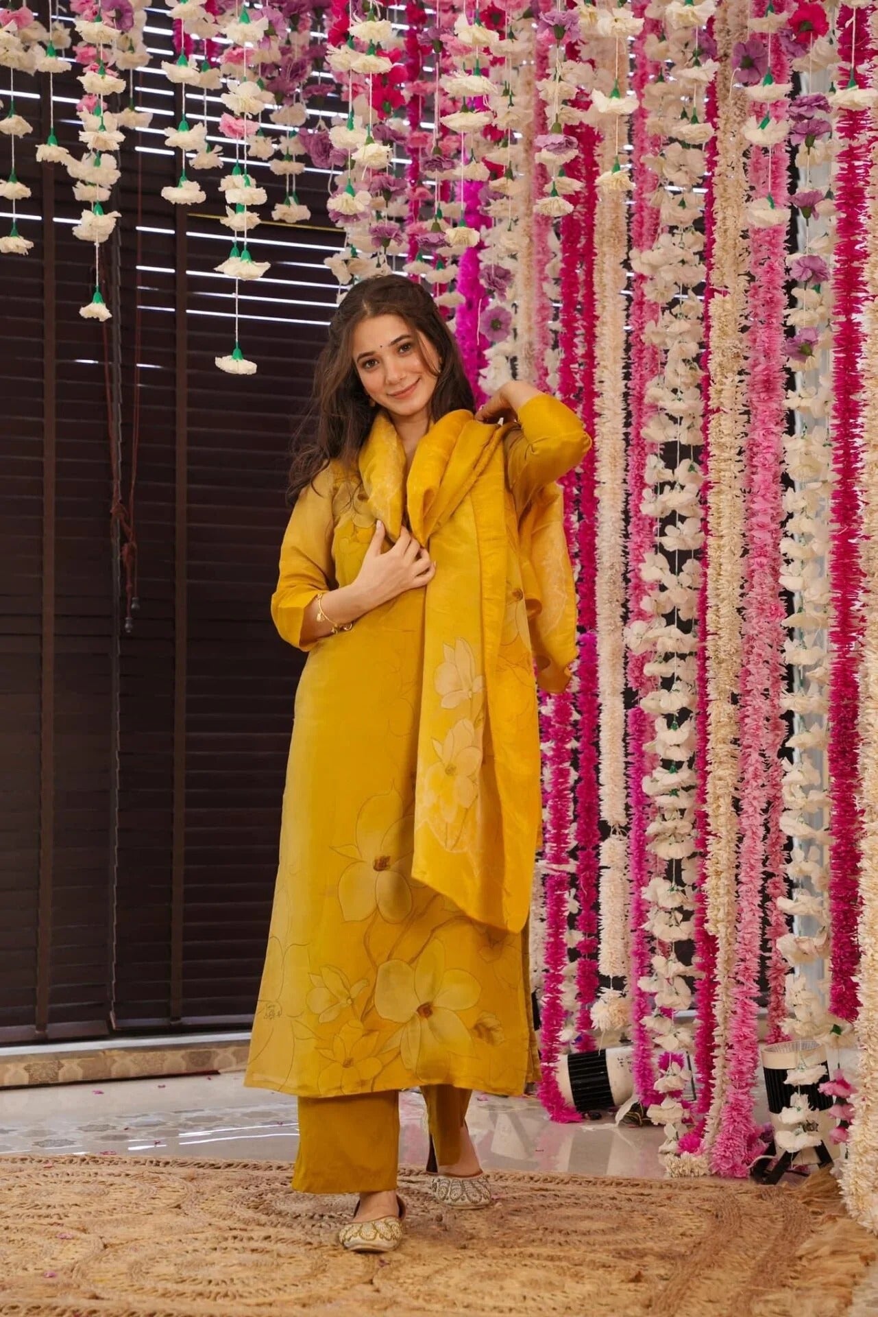 Yellow Silk Kurta Pant Set  Printed