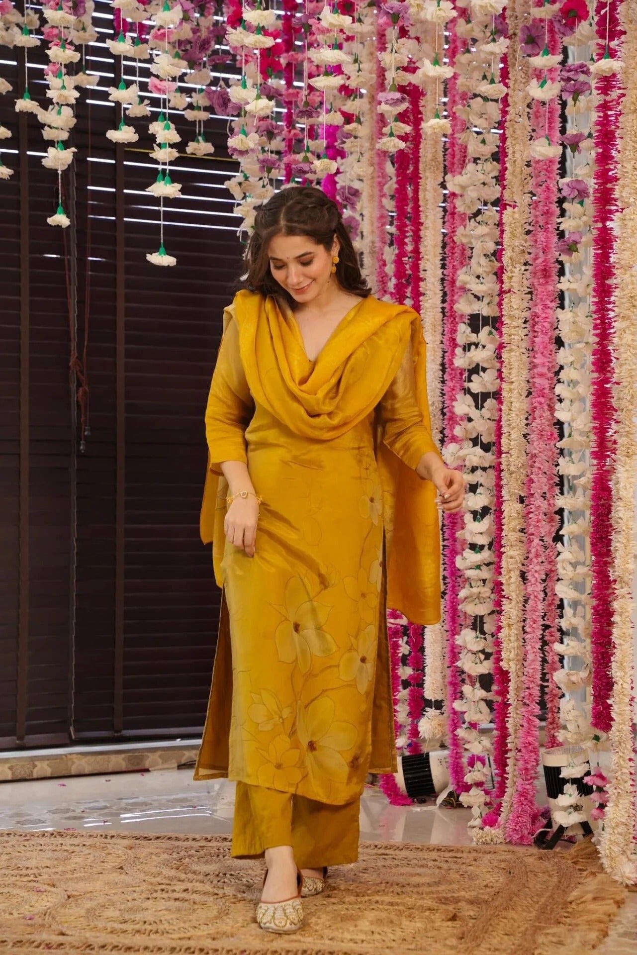 Yellow Silk Kurta Pant Set  Printed