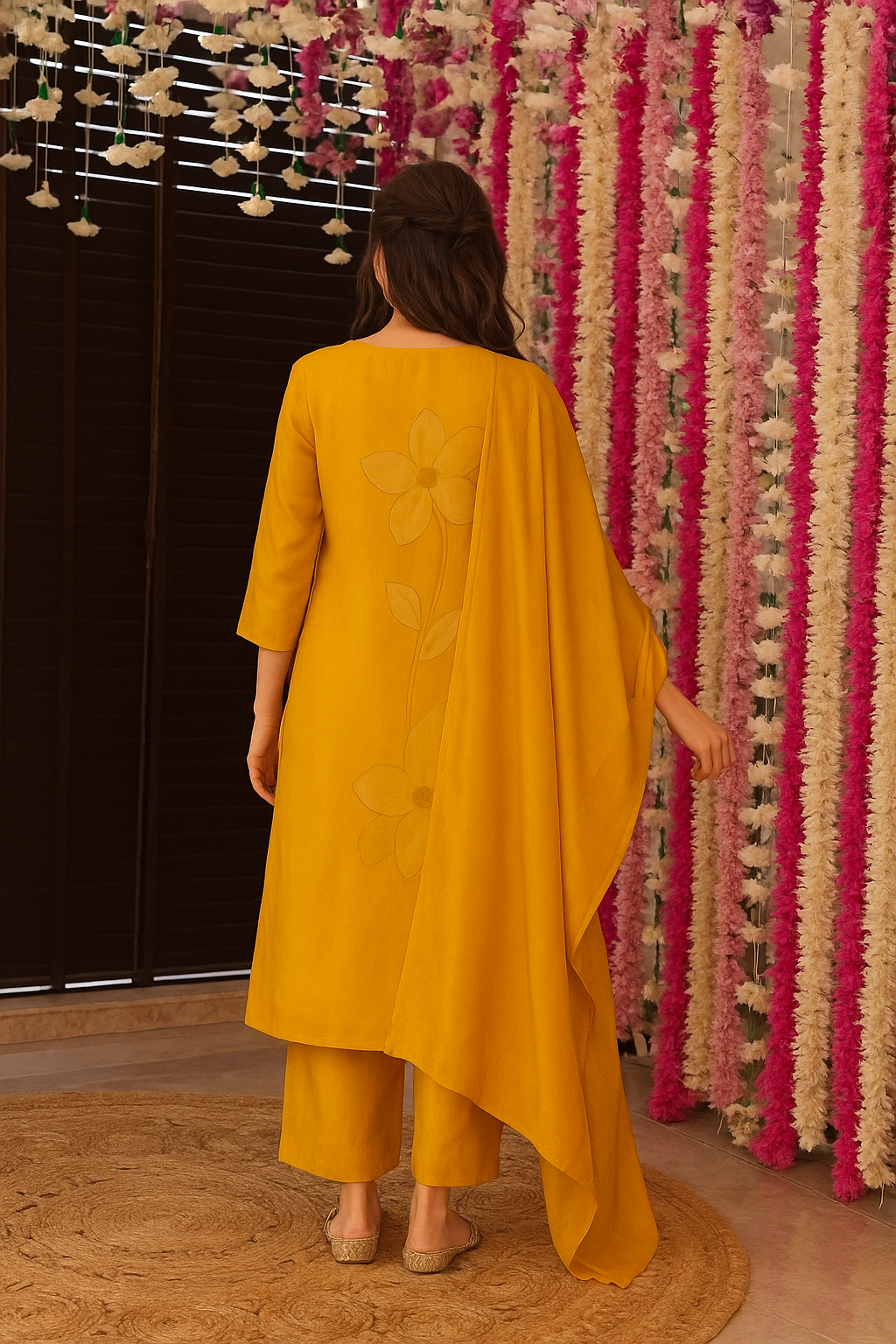 Yellow Silk Kurta Pant Set  Printed