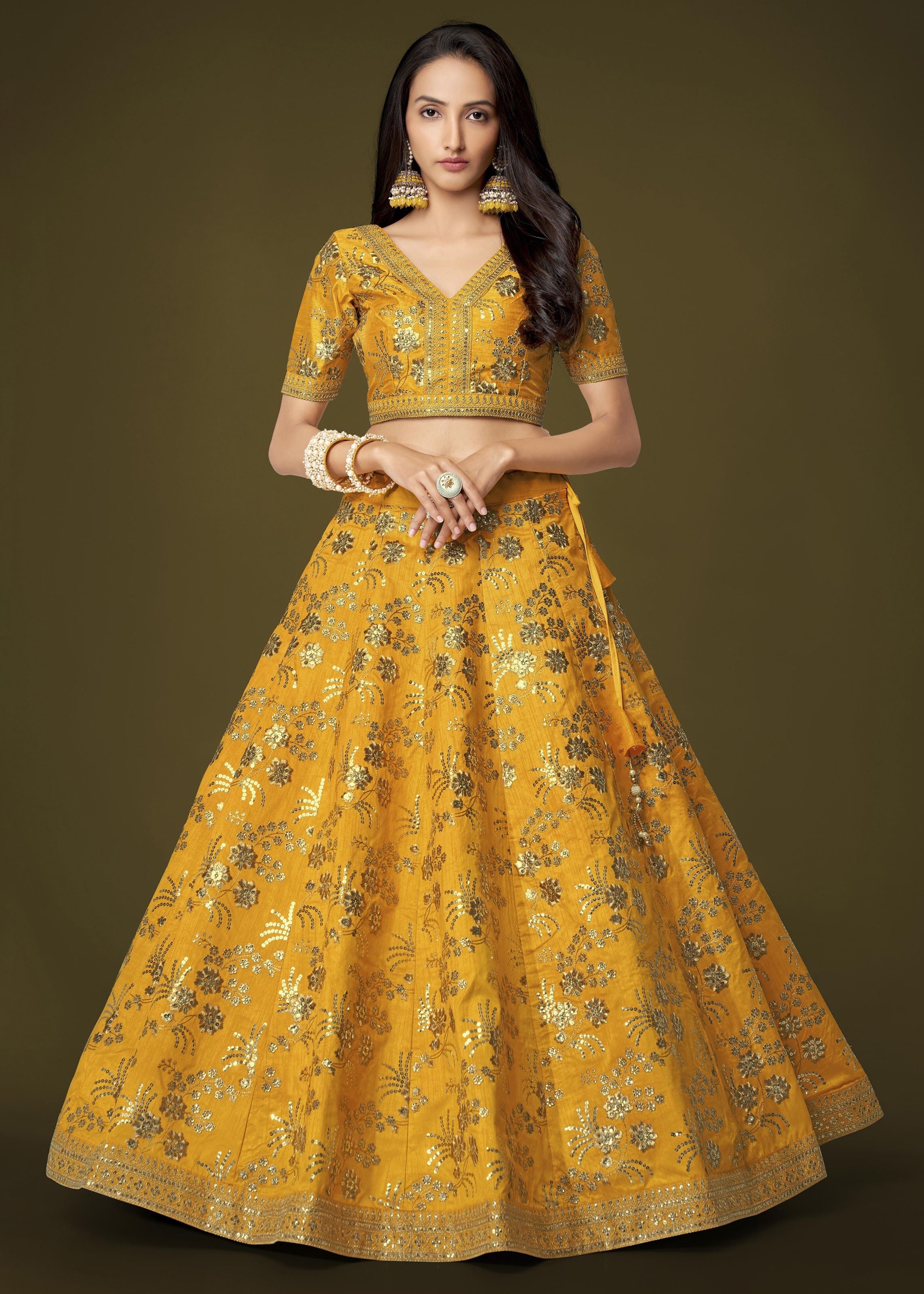 Yellow Slub Silk Lehenga Choli With Zari Sequins and Dori Embroidery Work