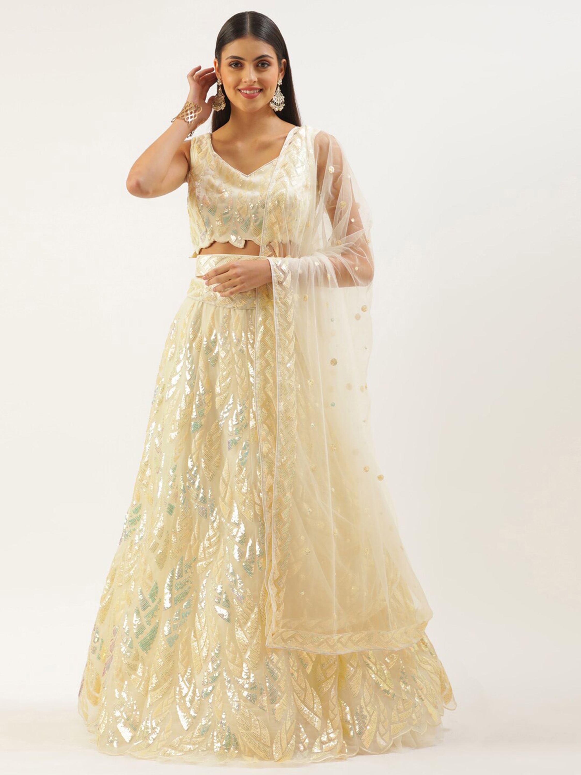 Yellow Soft Net Lehenga Choli With Multiple Sequins, Thread Embroidery Work