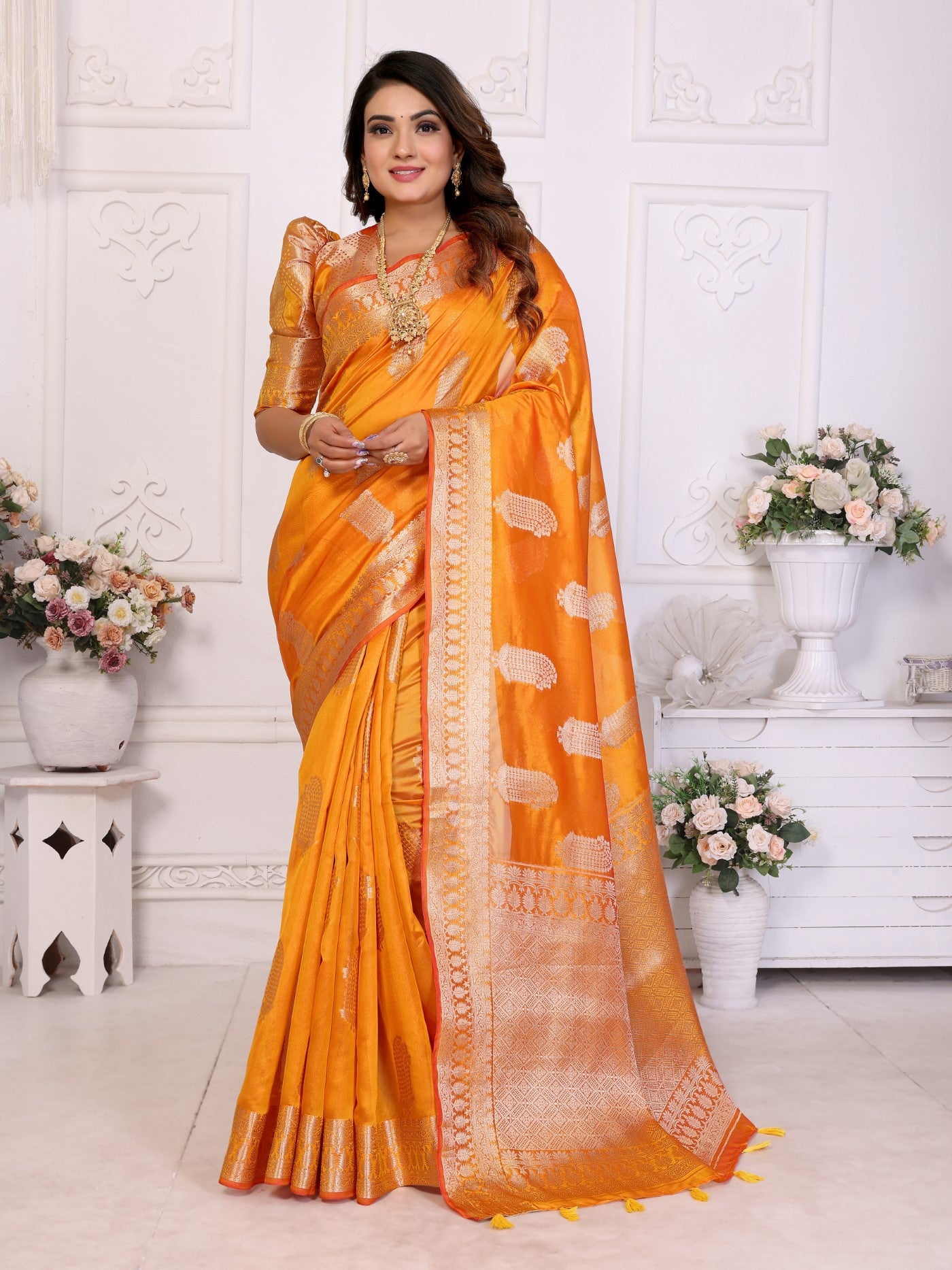 Yellow Soft Organza Silk Saree With Elegant Weaving
