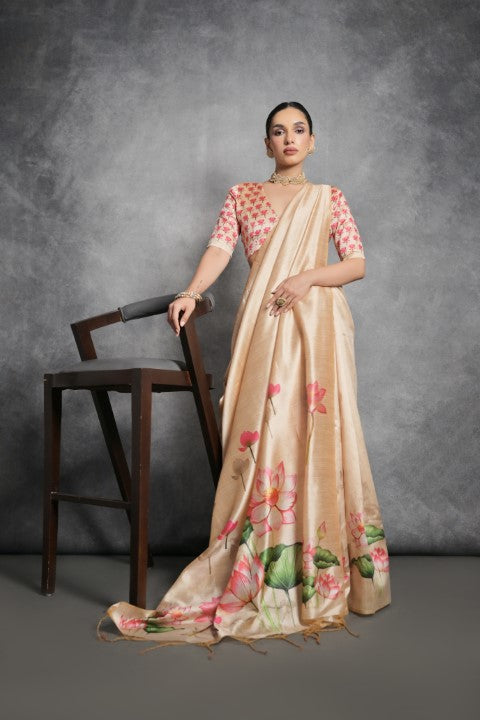 Yellow Soft Tussar Silk Saree with Print and Small Zari Border