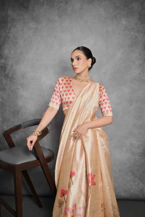 Yellow Soft Tussar Silk Saree with Print and Small Zari Border