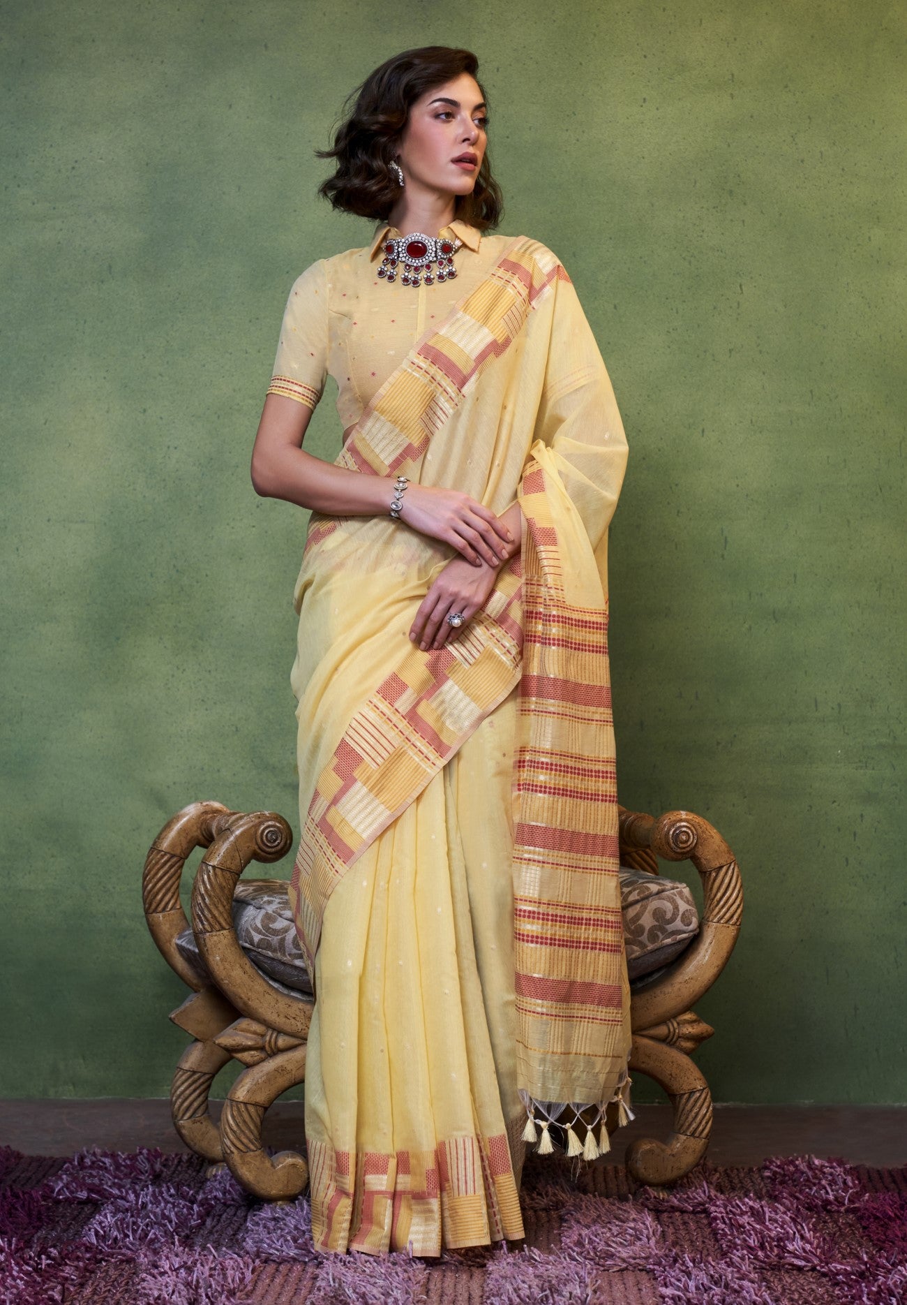 Yellow Spun Cotton Saree With  Jacquard Woven Work