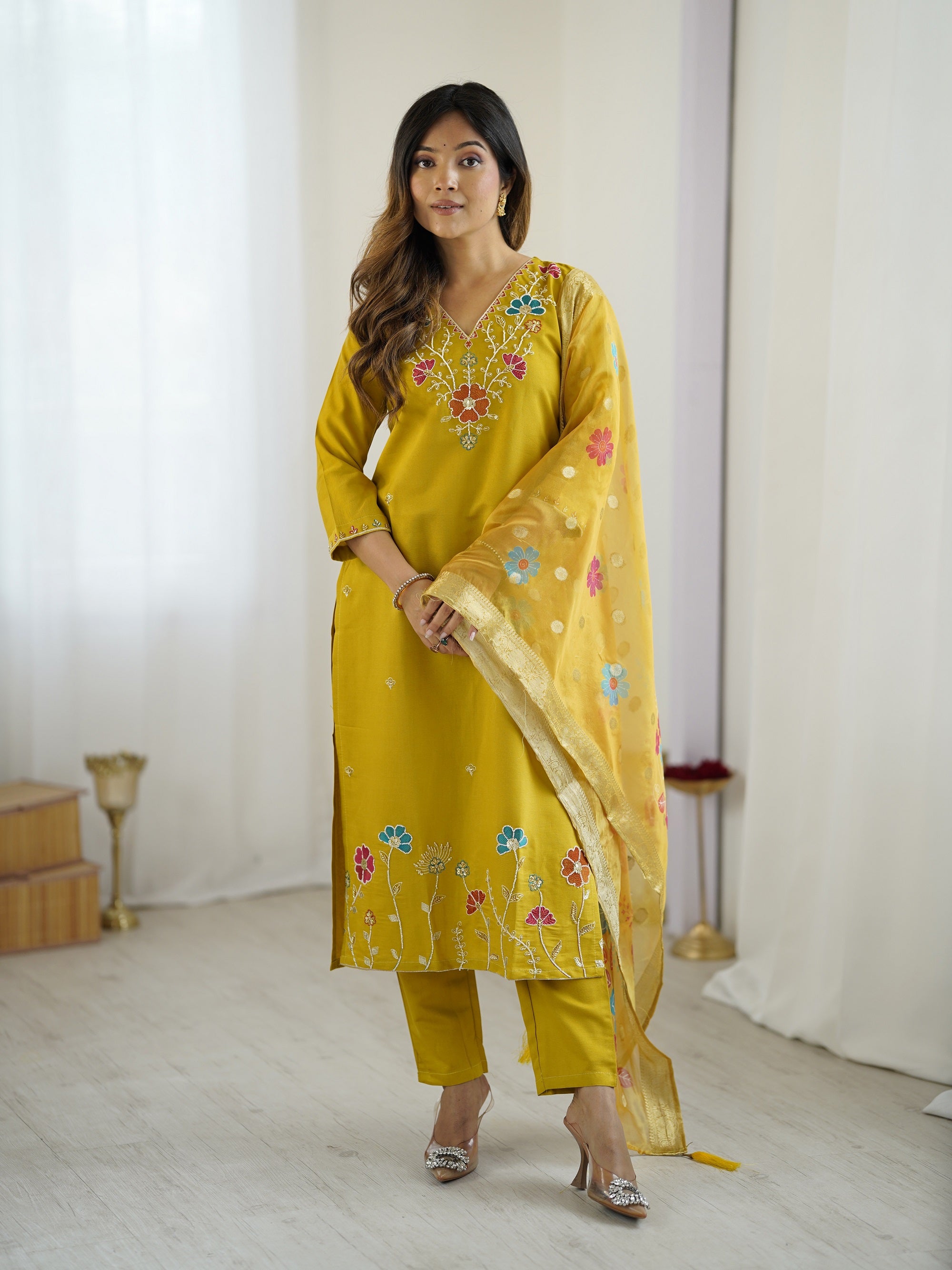 Yellow Viscose Gadhval Silk Kurta Pant Set With Thread Embroidered With Beads Work