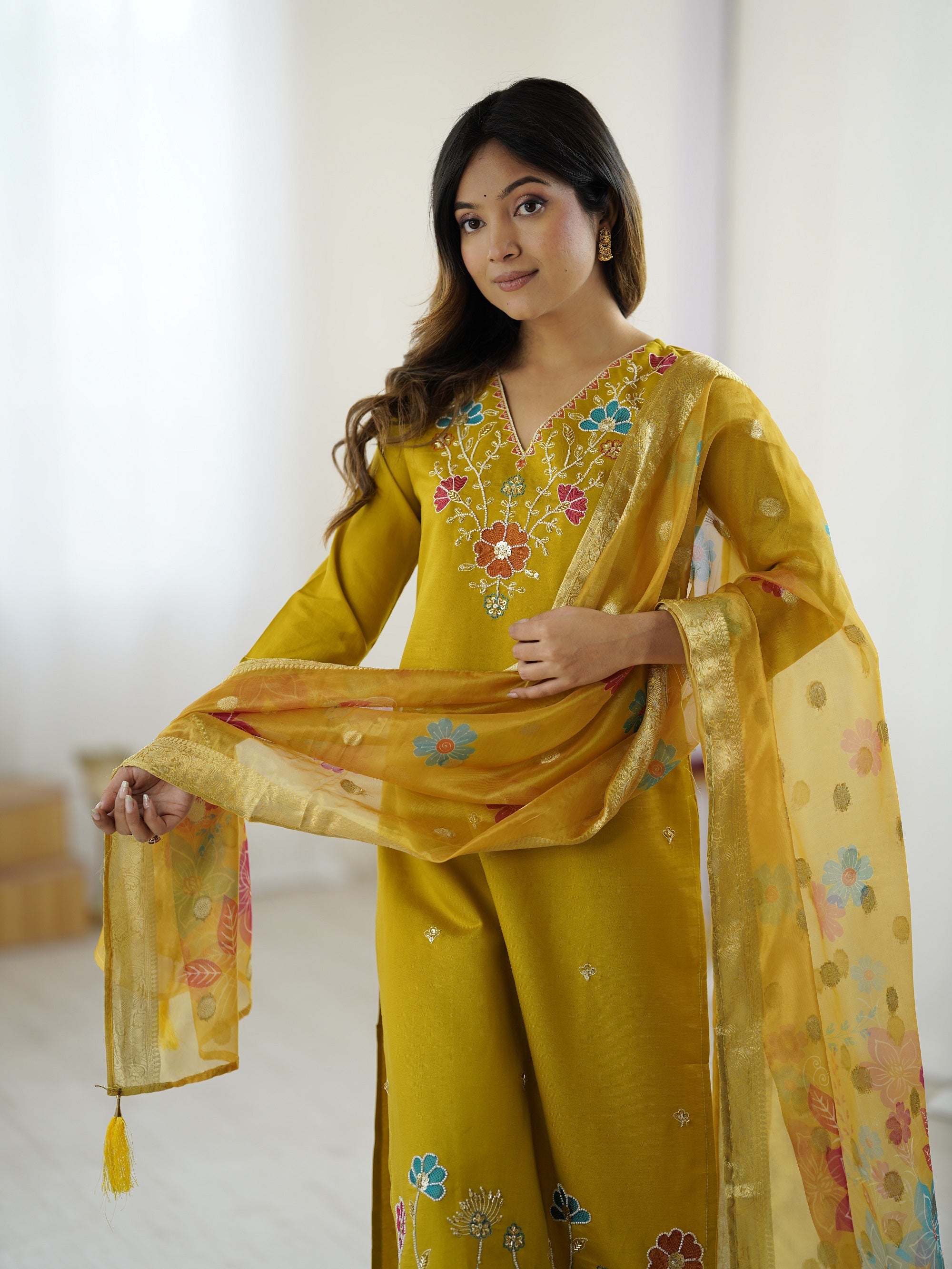 Yellow Viscose Gadhval Silk Kurta Pant Set With Thread Embroidered With Beads Work