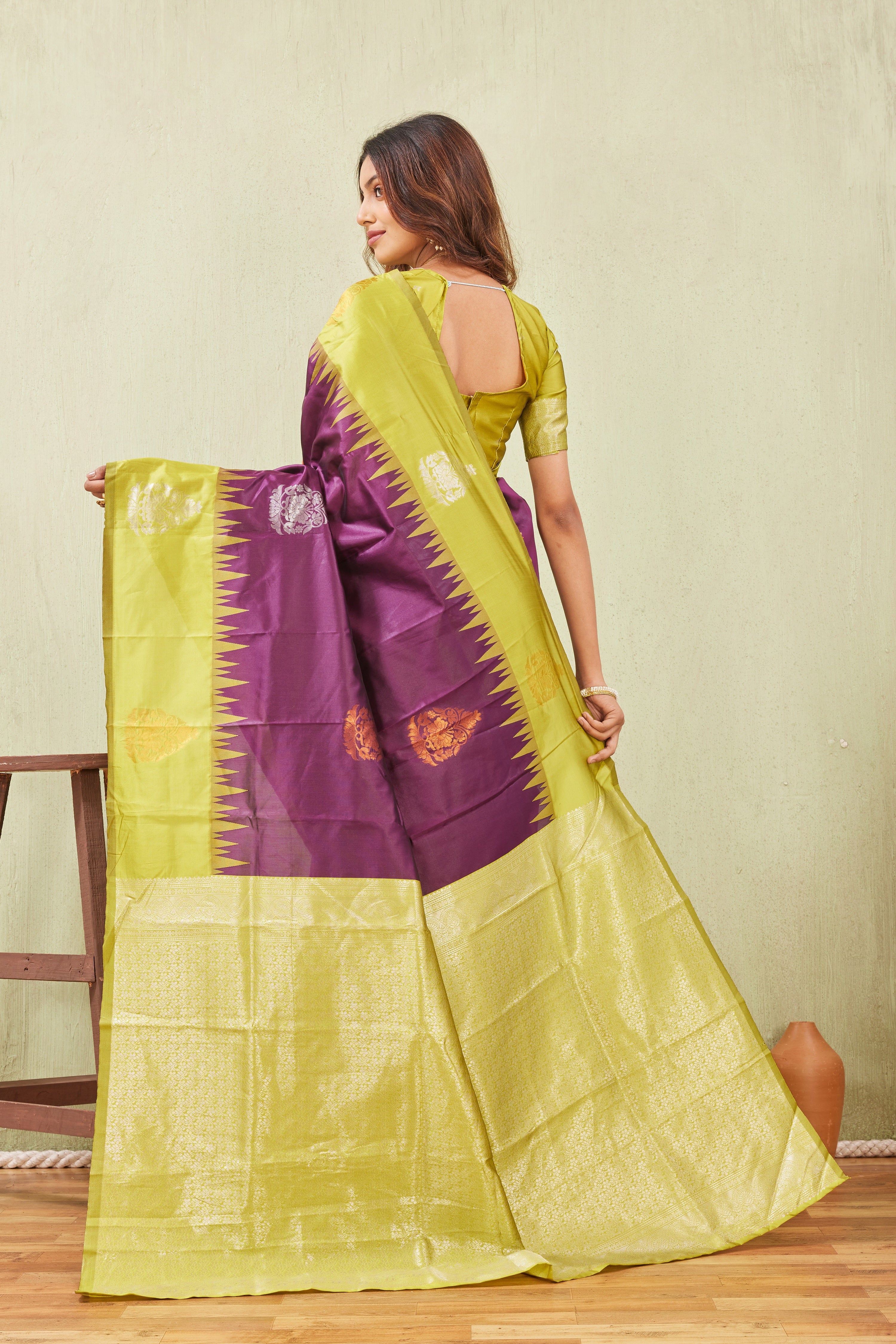 Yellow Wine Banarasi Silk Saree with Rich Pallu & Elegant Jacquard Jari Work