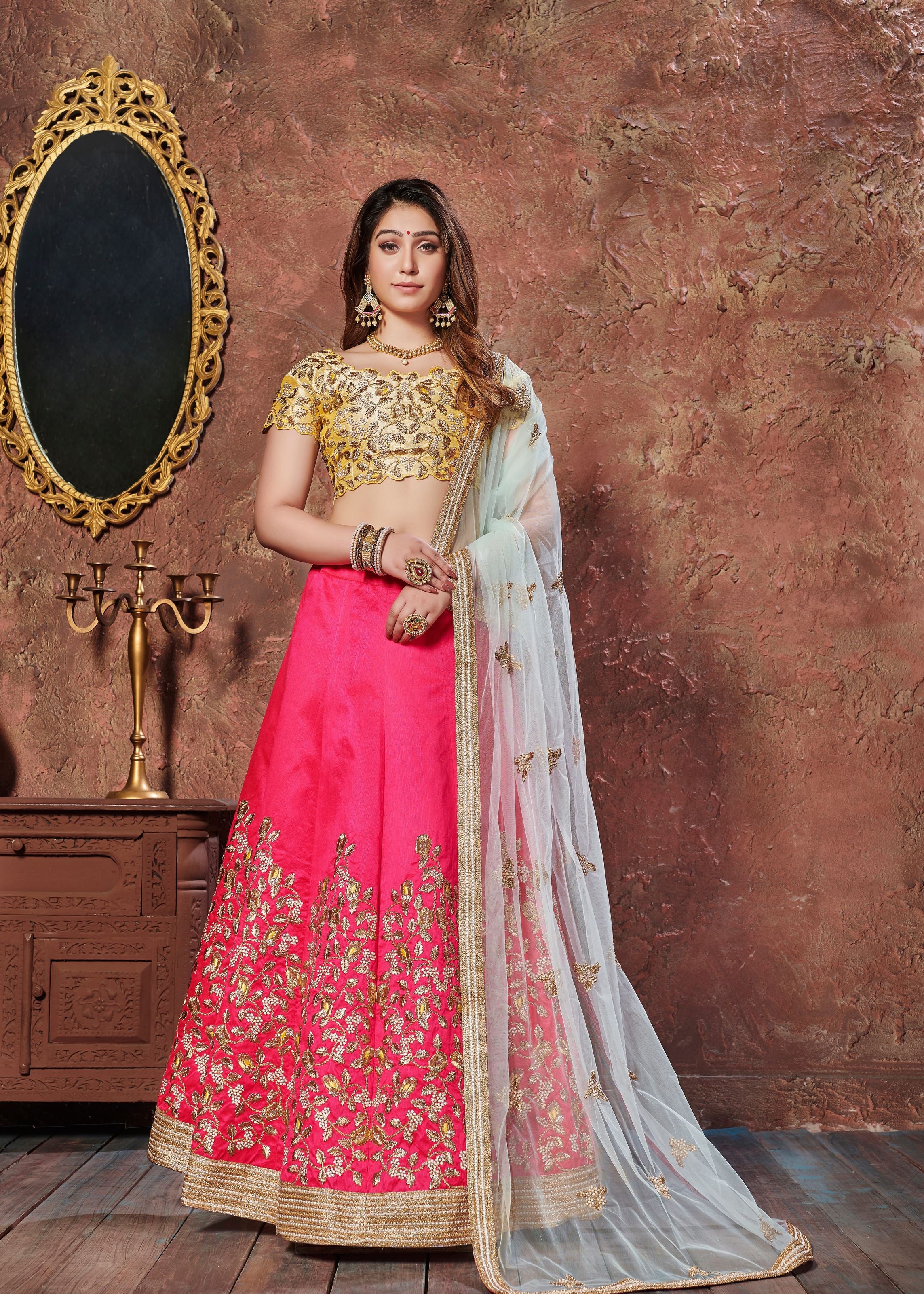 Yellow & Pink Lehenga Choli With Dori, Thread And Sequins Embroidery
