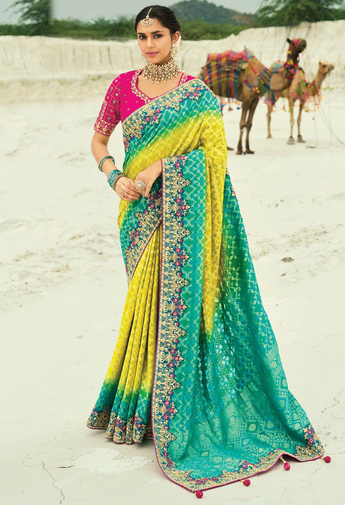 Yellow & Rama  Bandhej Saree with Heavy Hand Work Border With Embroidery Blouse