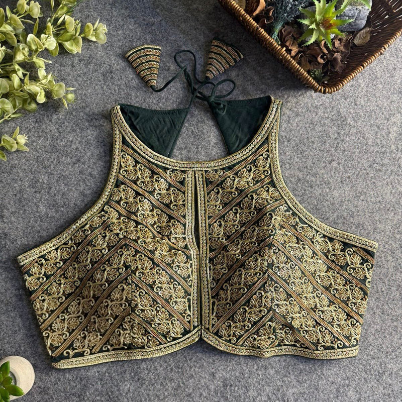 Bottle Green Halter Neck Partywear Blouse in Roman Silk with Embroidery & Sequins Work