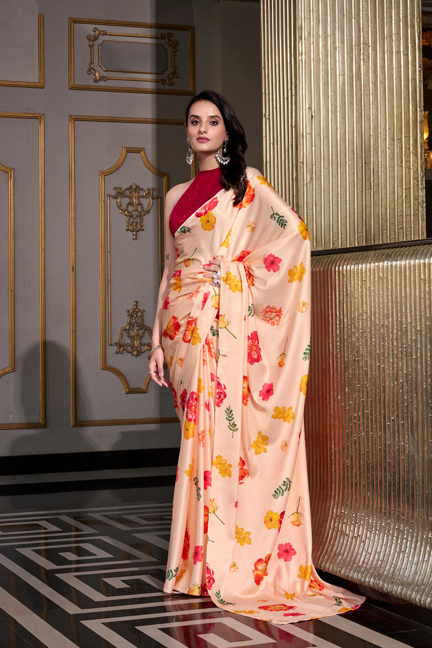 cream Printed Satin Silk Saree with Smooth Elegance