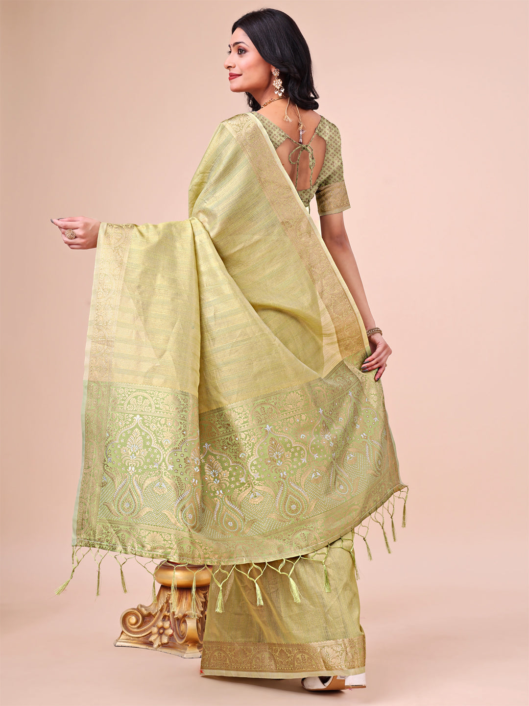 Olive Green Beautiful Woven Designer Organza Saree