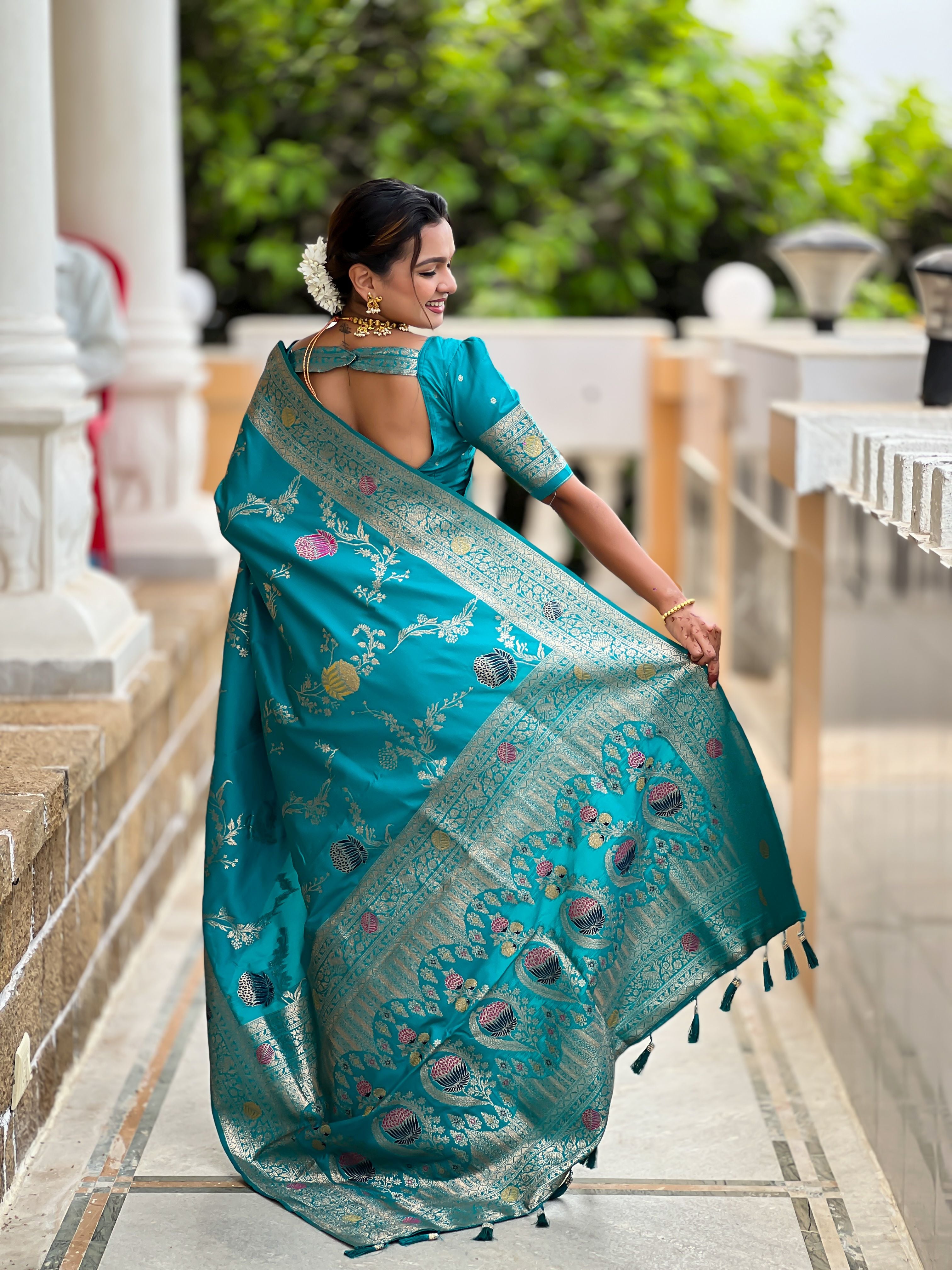 Sea Green Beautiful Banarasi Silk Woven Meenakari Designer Graceful Ethnic Saree