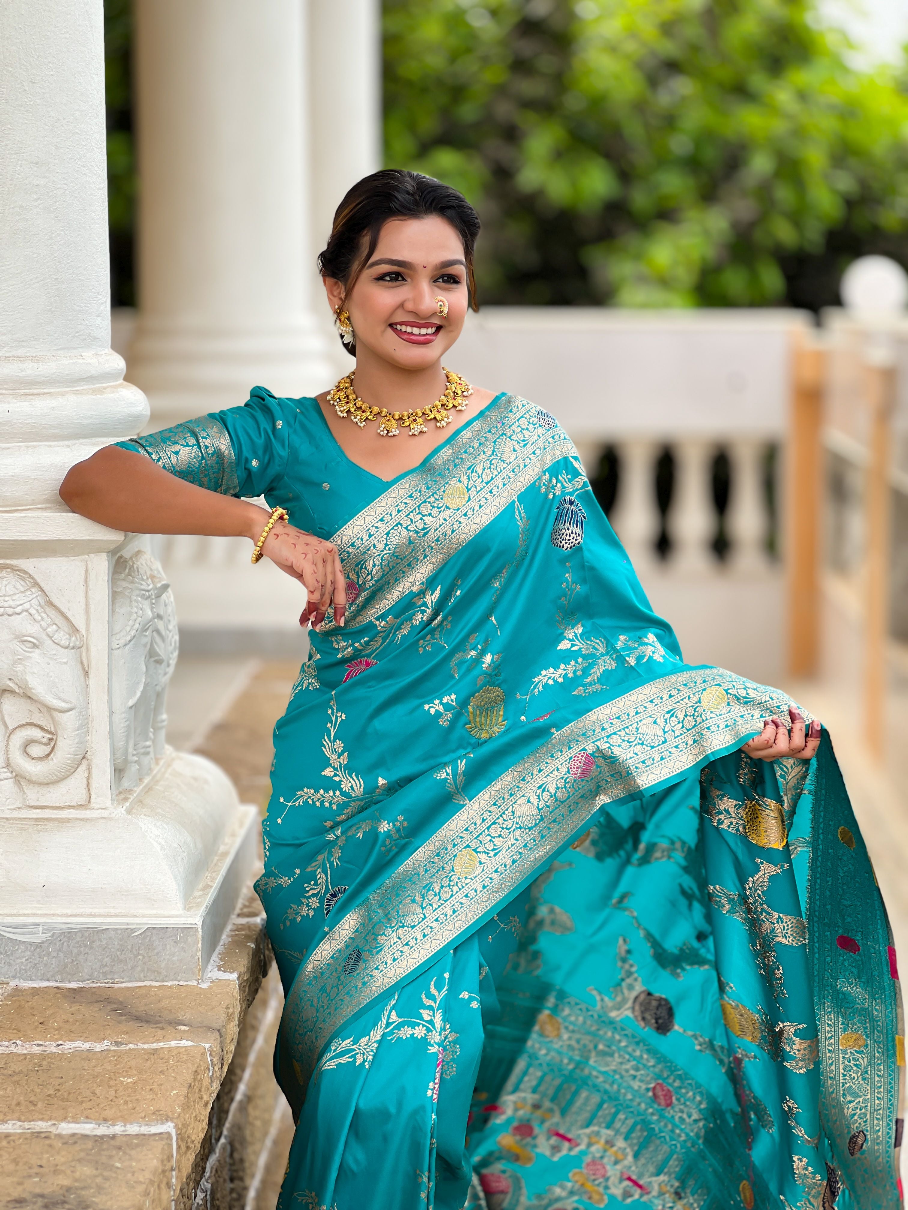 Sea Green Beautiful Banarasi Silk Woven Meenakari Designer Graceful Ethnic Saree