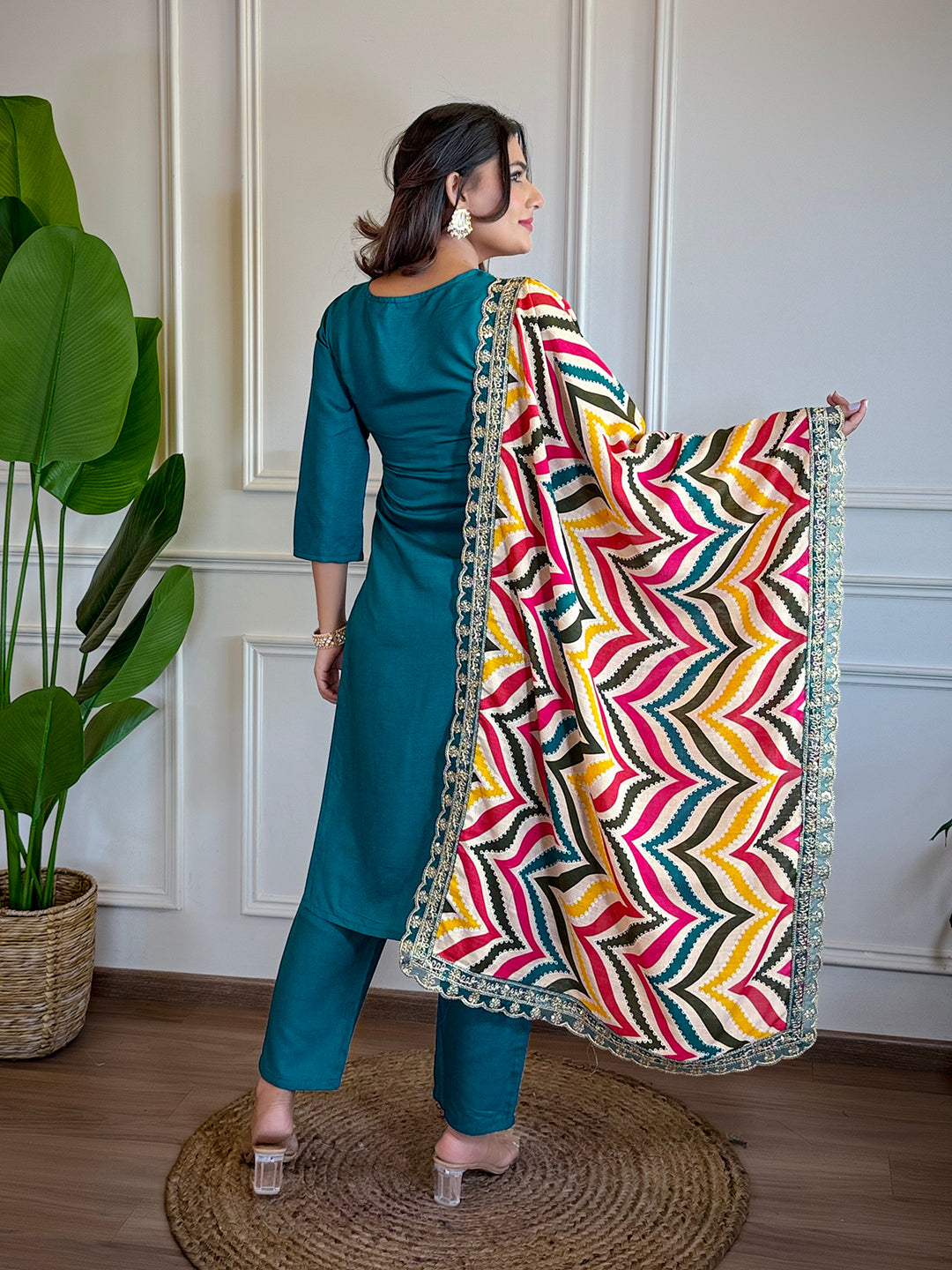Rama Viscose Elegant Kurta Pant Set With Embroidery Work