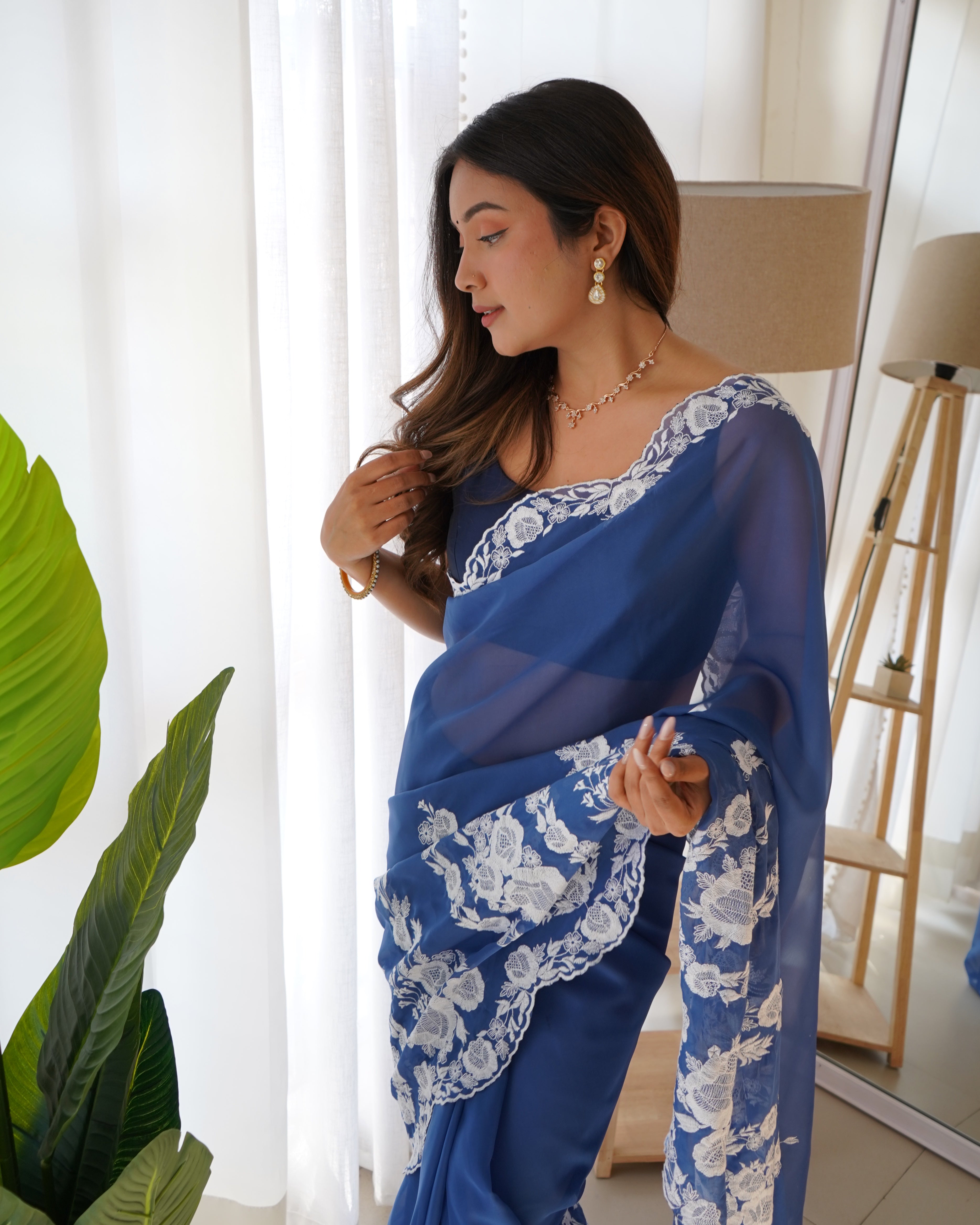 Blue Thai Organza Silk Fancy Thread Embroidery With Cut Dana Work Saree