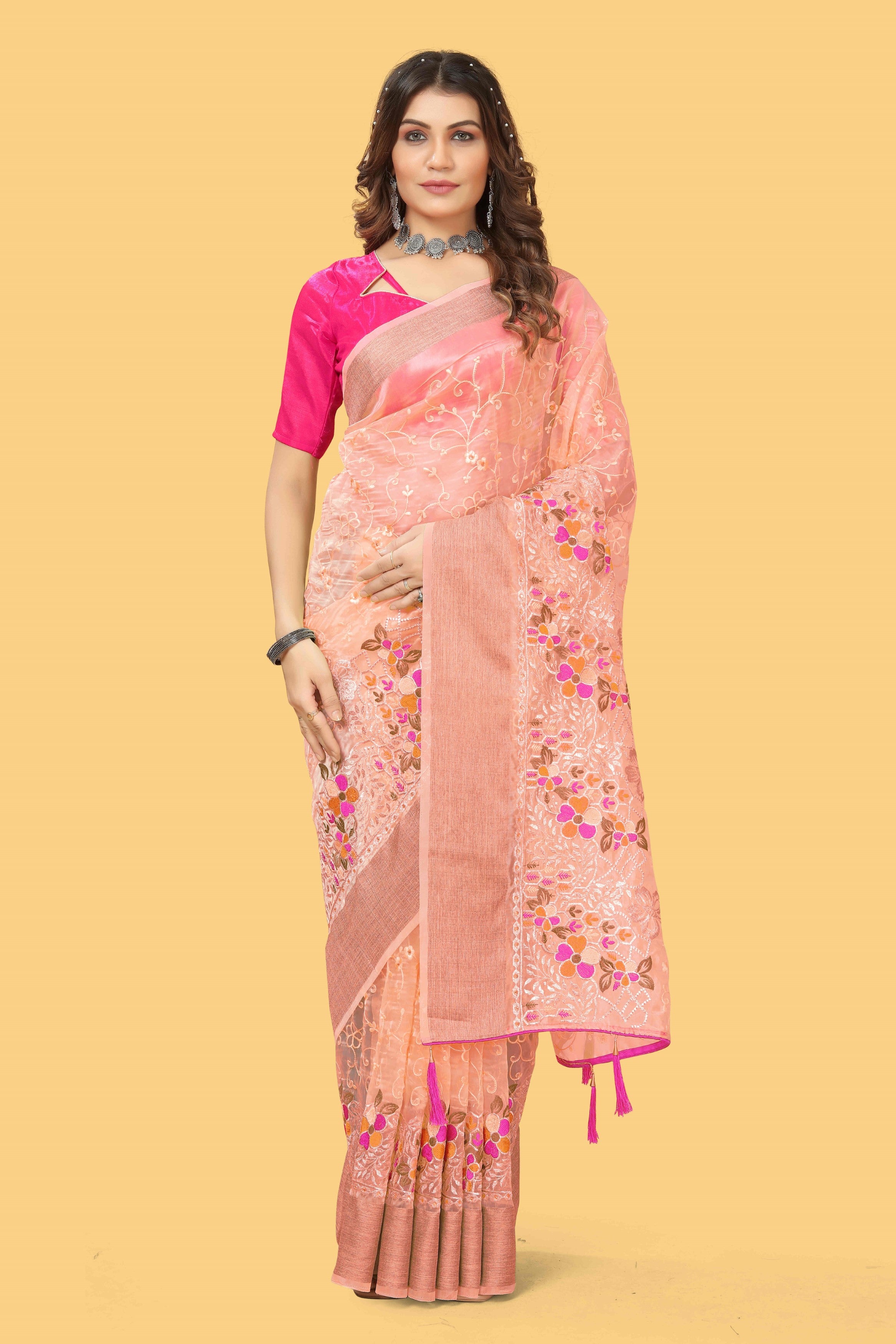 Orange Woven Patta Organza Silk Saree With Embroidery And Stone Work